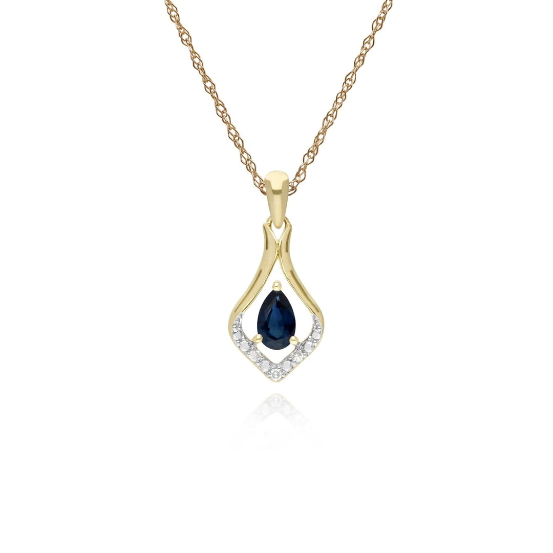 135P1915029 Classic Pear Sapphire & Three Diamond Leaf Halo Pendant in 9ct Yellow Gold 1