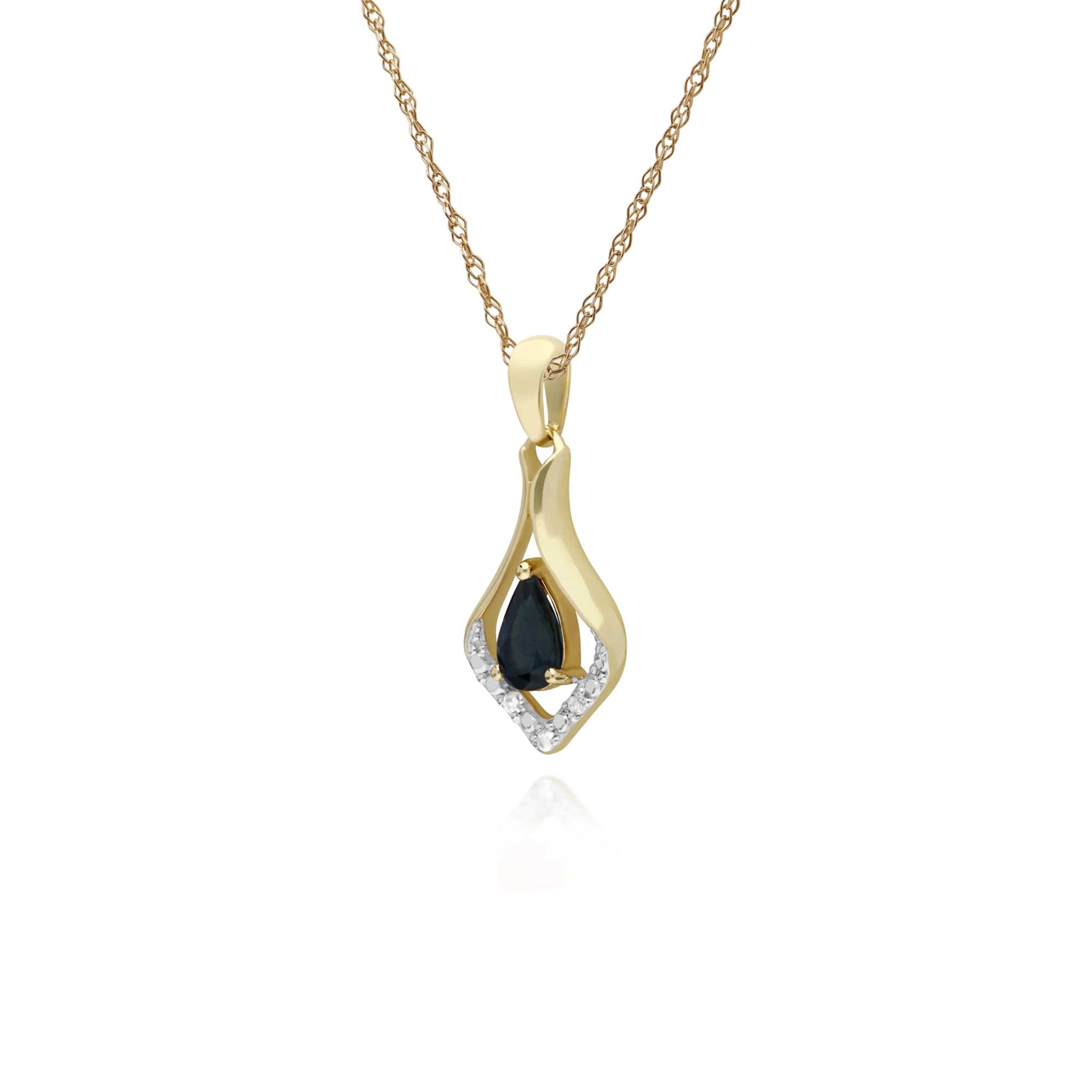 135P1915029 Classic Pear Sapphire & Three Diamond Leaf Halo Pendant in 9ct Yellow Gold 2