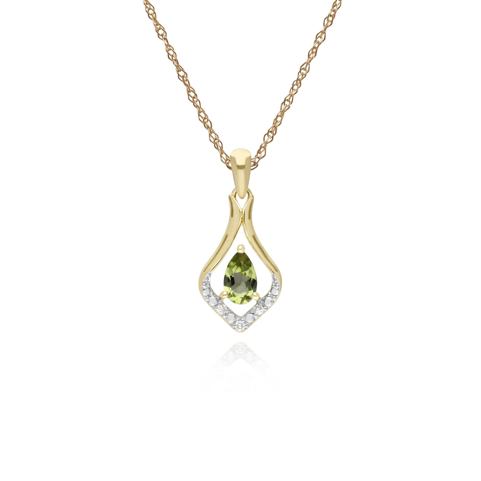 135P1915089 Classic Pear Peridot &  Diamond Leaf Halo Pendant in 9ct Yellow Gold 1