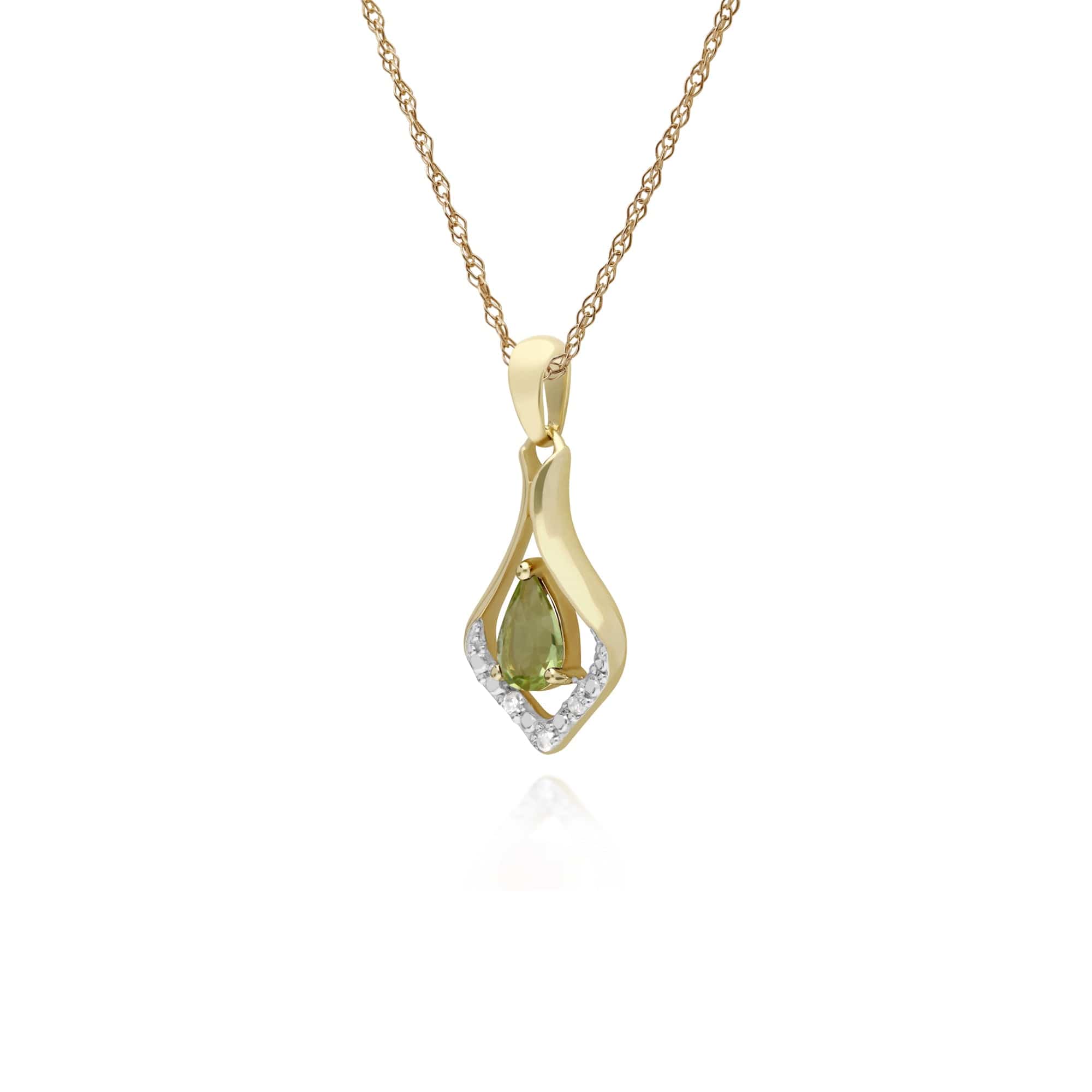 135P1915089 Classic Pear Peridot &  Diamond Leaf Halo Pendant in 9ct Yellow Gold 2