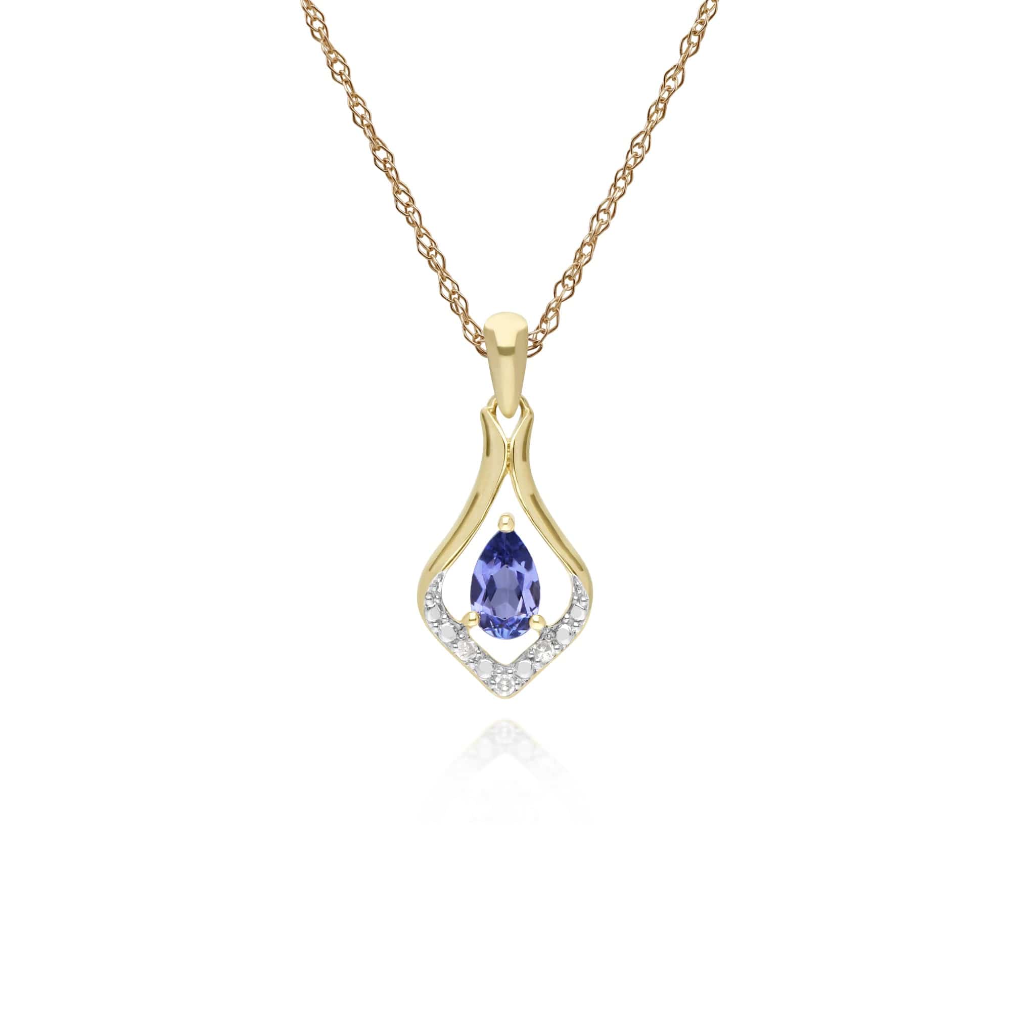 135P1915099 Classic Pear Tanzanite & Three Diamond Leaf Halo Pendant in 9ct Yellow Gold 1