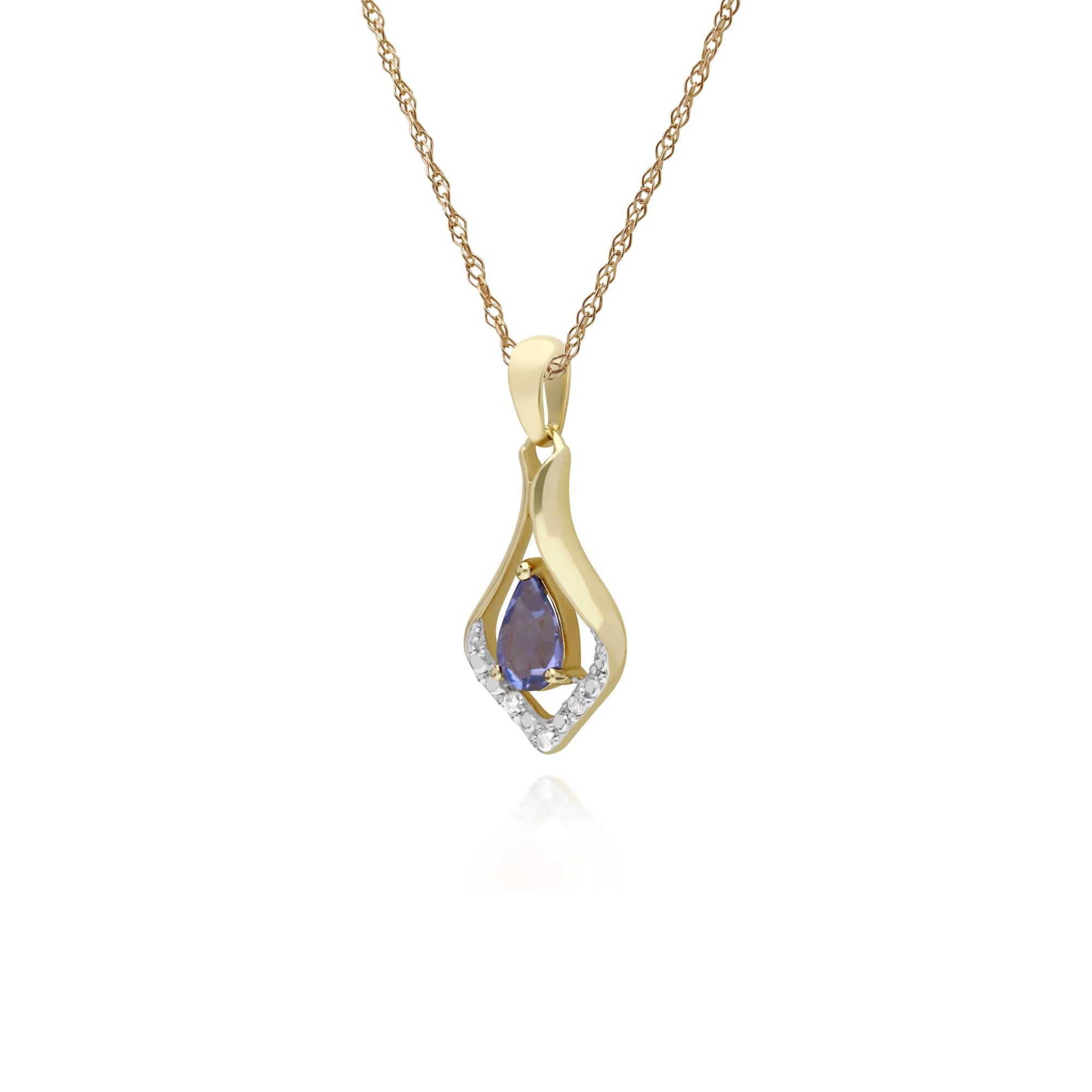 135P1915099 Classic Pear Tanzanite & Three Diamond Leaf Halo Pendant in 9ct Yellow Gold 2