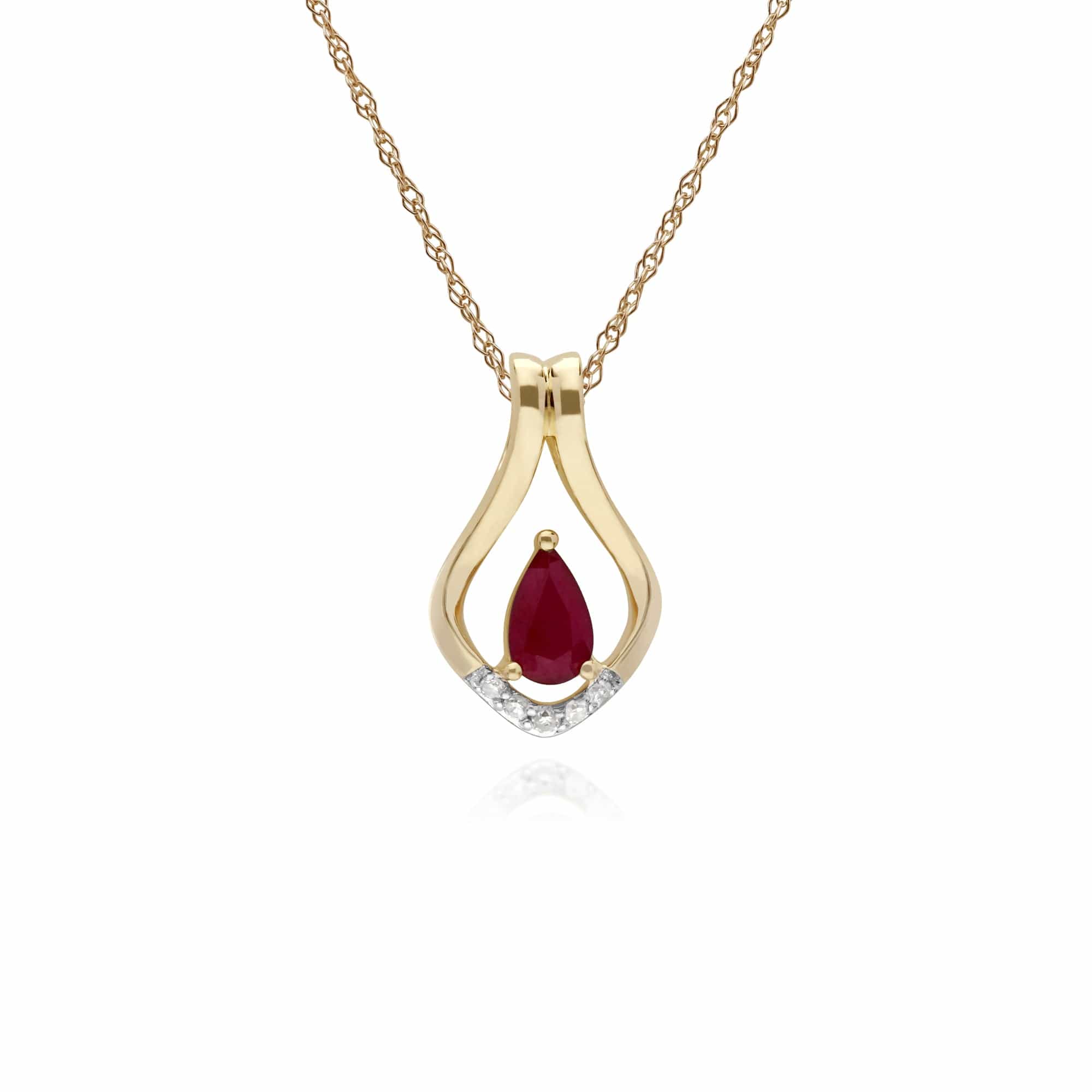 135P1916019 Classic Pear Ruby & Five Diamond Leaf Halo Pendant in 9ct Yellow Gold 1