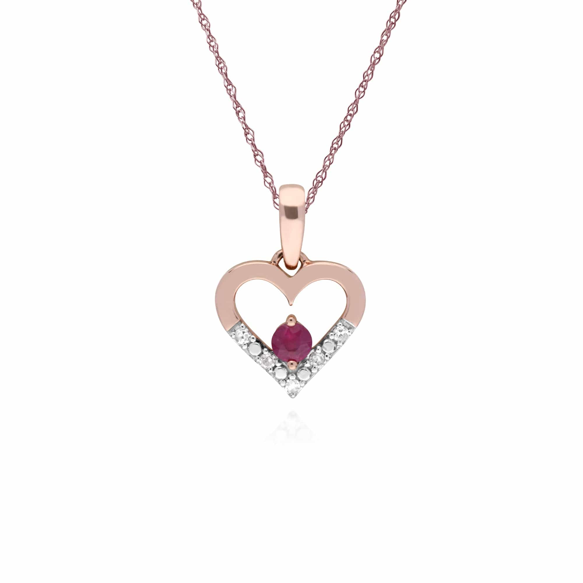 135P1921019 Classic Round Ruby & Diamond Love Heart Shaped Pendant in 9ct Rose Gold 1
