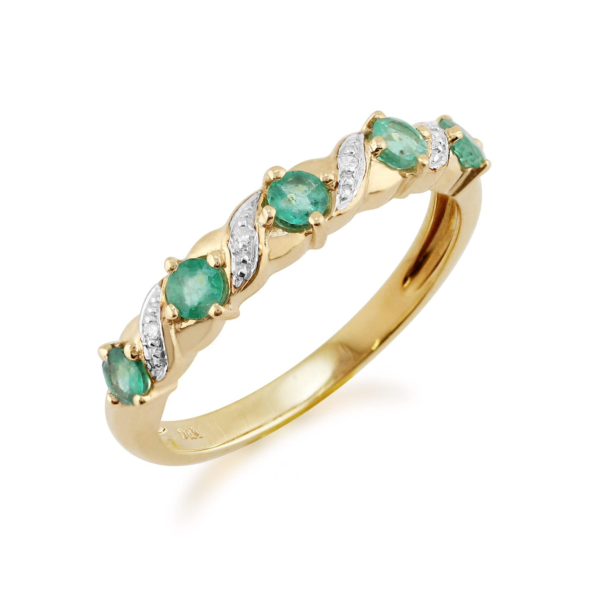 9591 Classic Art Nouveau Round Emerald & Diamond Half Eternity Ring In 9ct Yellow Gold 3