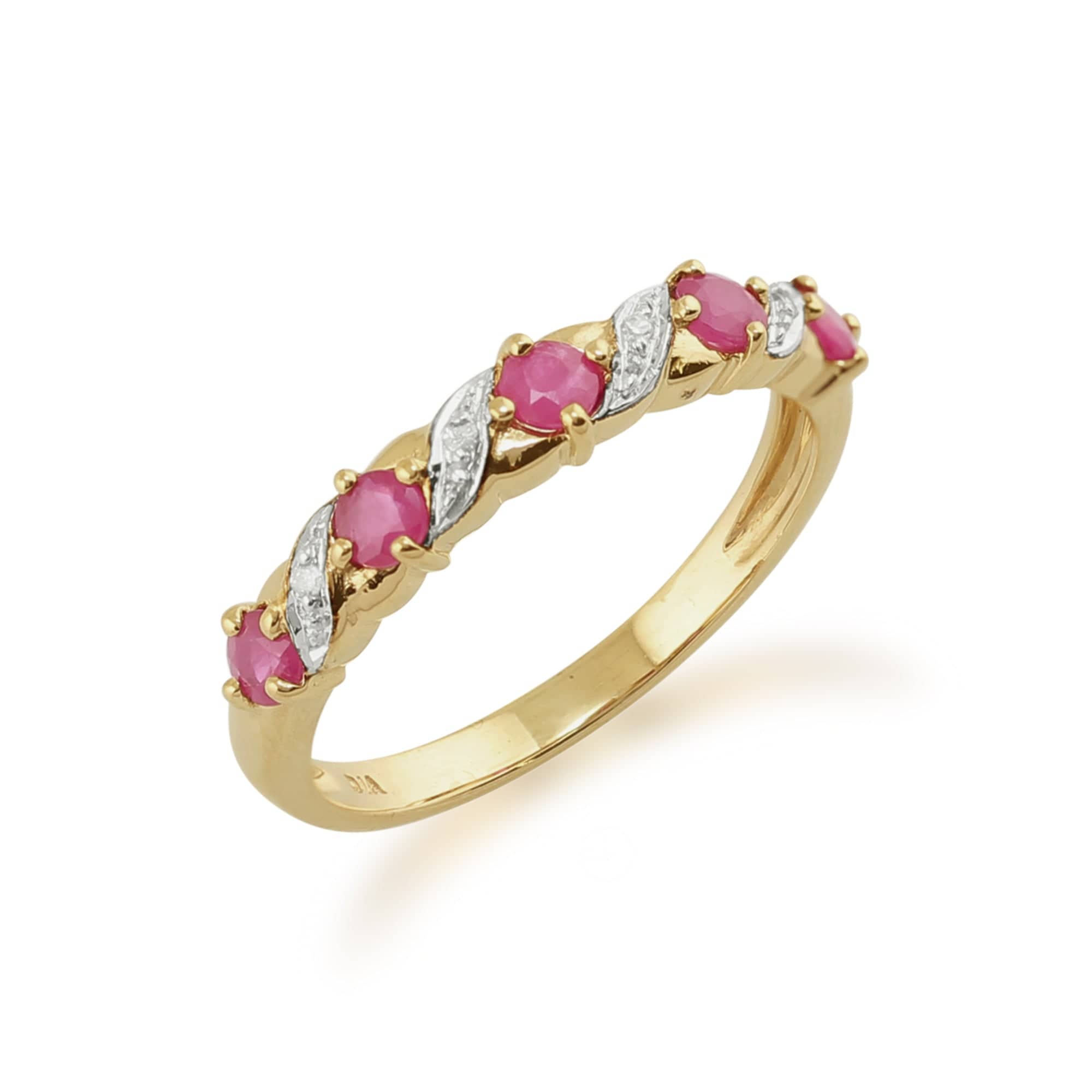 22183 Classic Art Nouveau Round Ruby & Diamond Half Eternity Ring In 9ct Yellow Gold 3