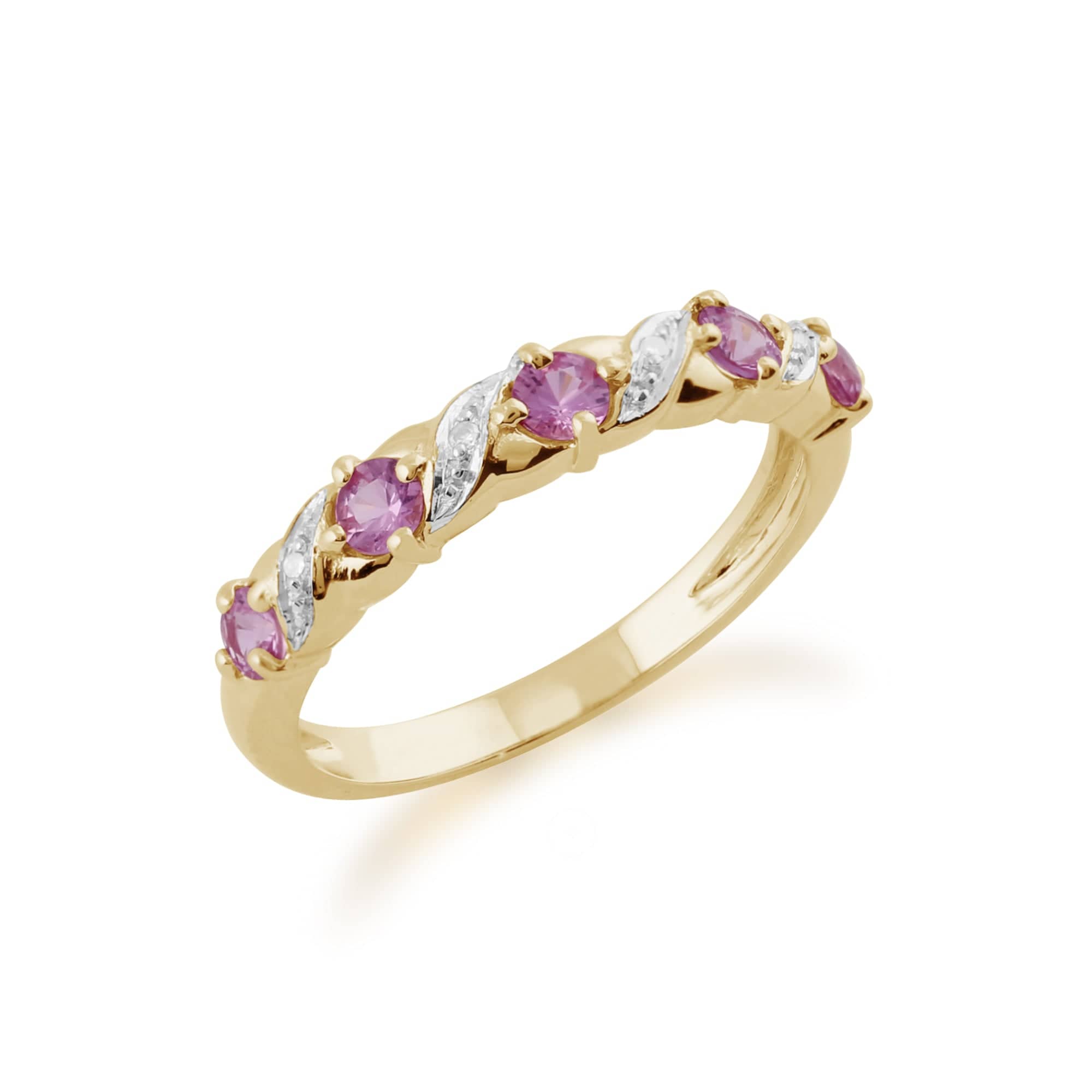 Classic Art Nouveau Style 9ct Yellow Gold Pink Sapphire & Diamond Half Eternity Ring Side 