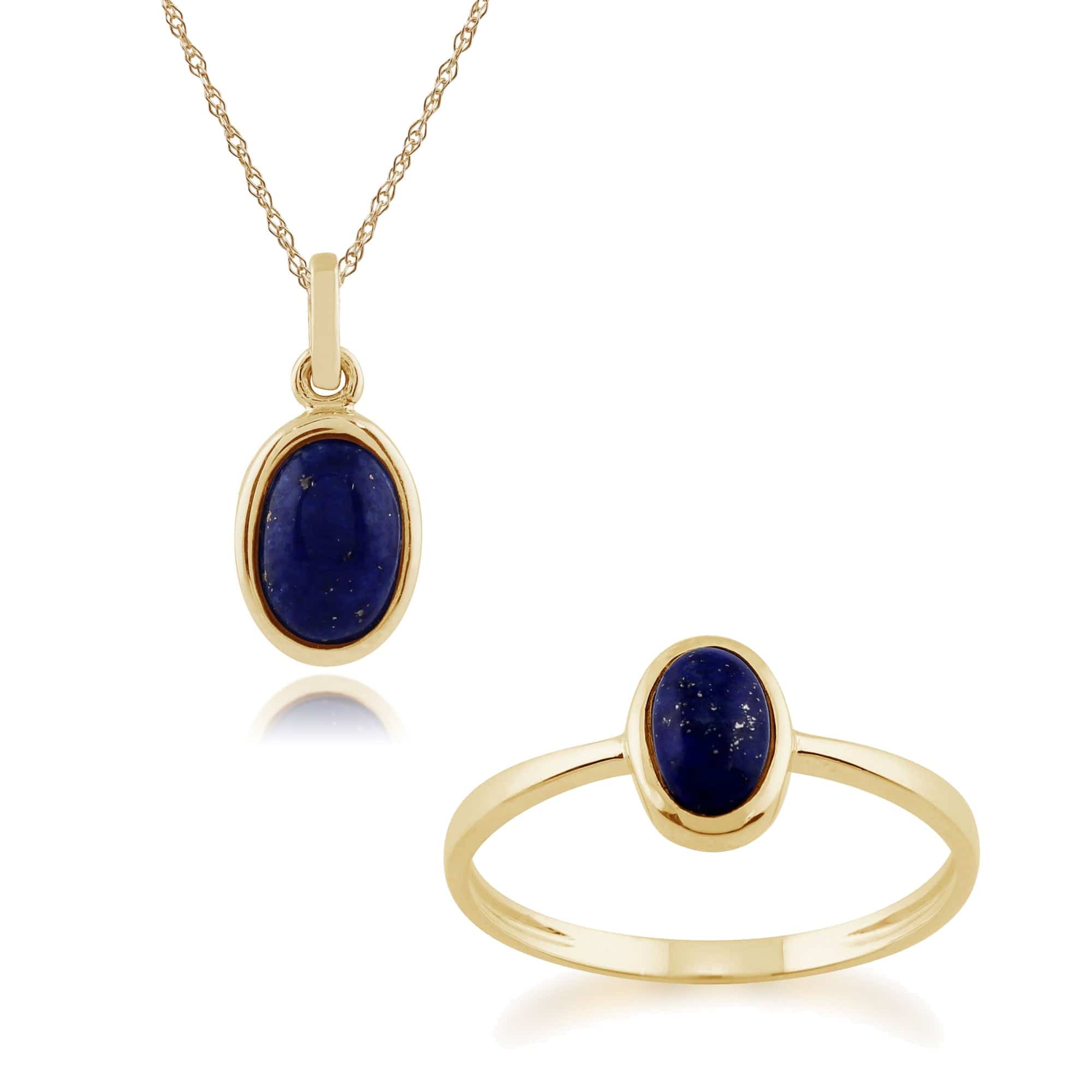 135P1566029-135R1295029 Classic Oval Lapis Lazuli Bezel Pendant & Solitaire Ring Set in 9ct Yellow Gold 1