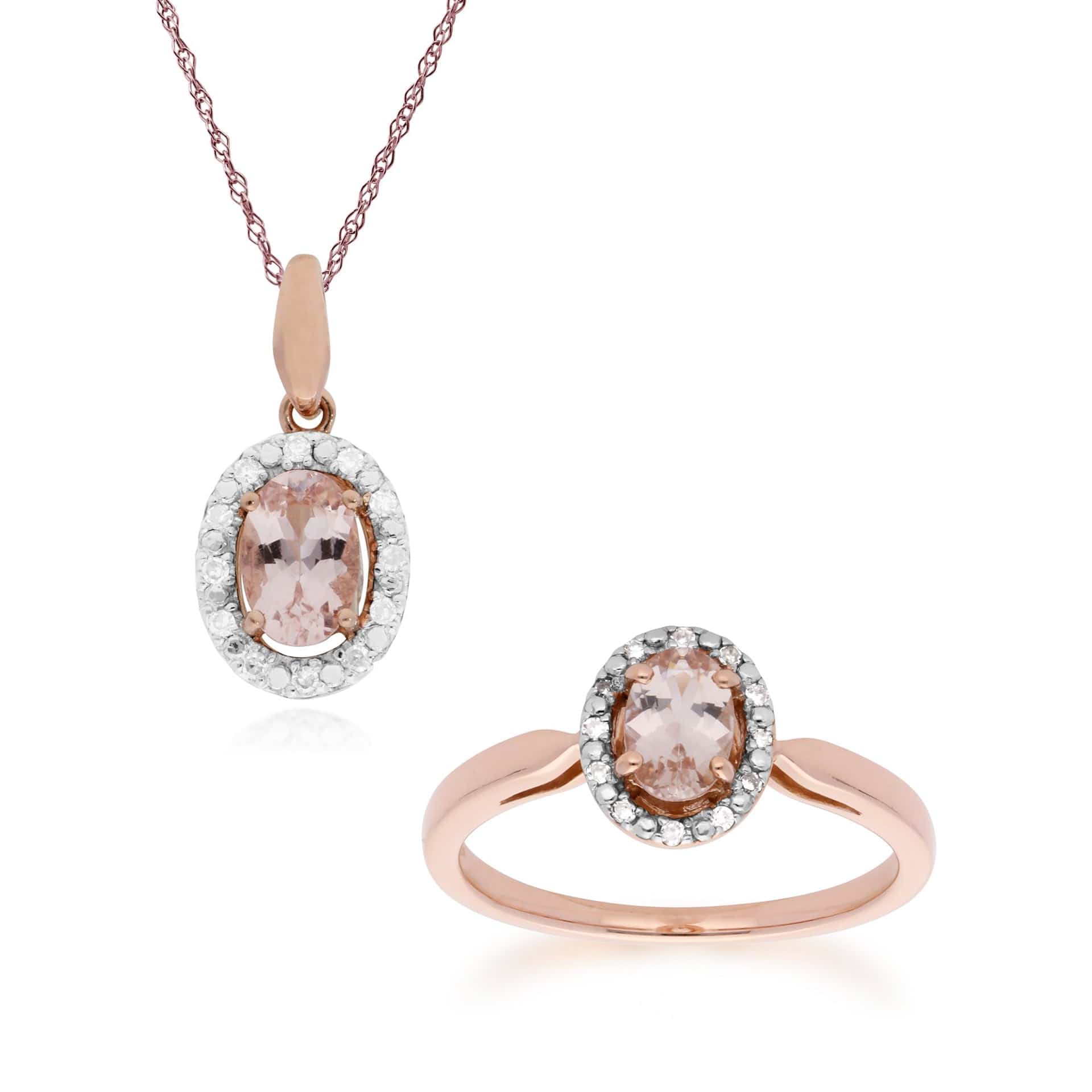 135P1745019-135R1589019 Classic Oval Morganite & Diamond Halo Pendant & Halo Ring in 9ct Rose Gold 1