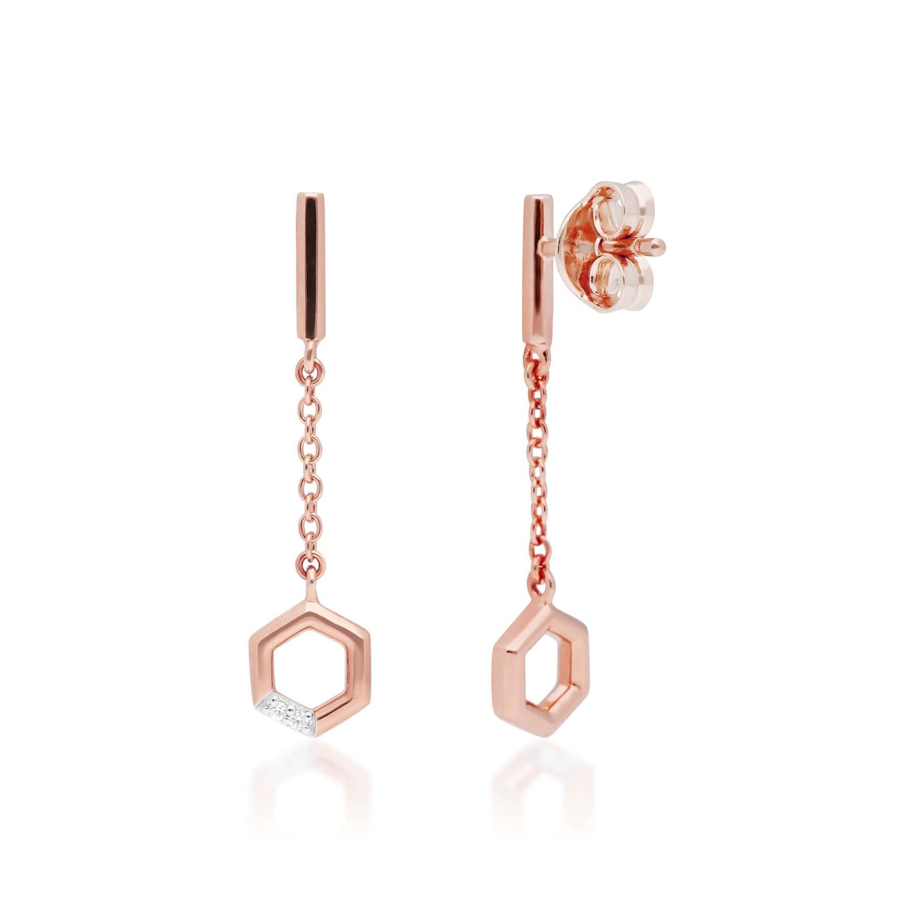 191E0404019 Diamond Pave Hexagon Dangle Drop Chain Earrings in 9ct Rose Gold 2