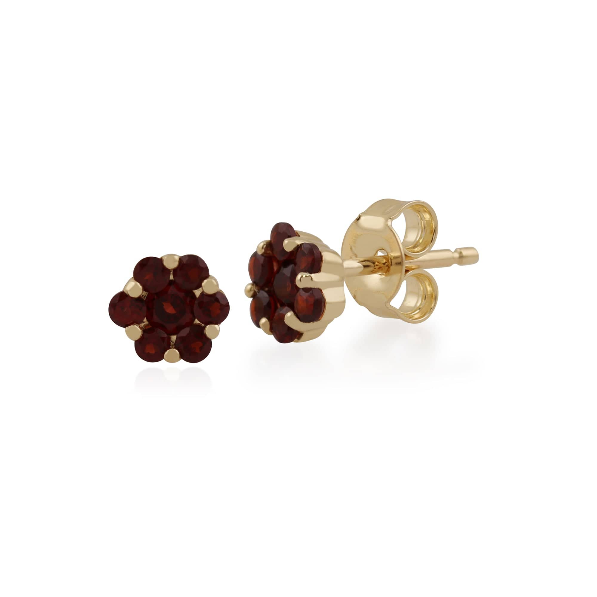 Floral Round Garnet Cluster Stud Earrings in 9ct Yellow Gold - Gemondo