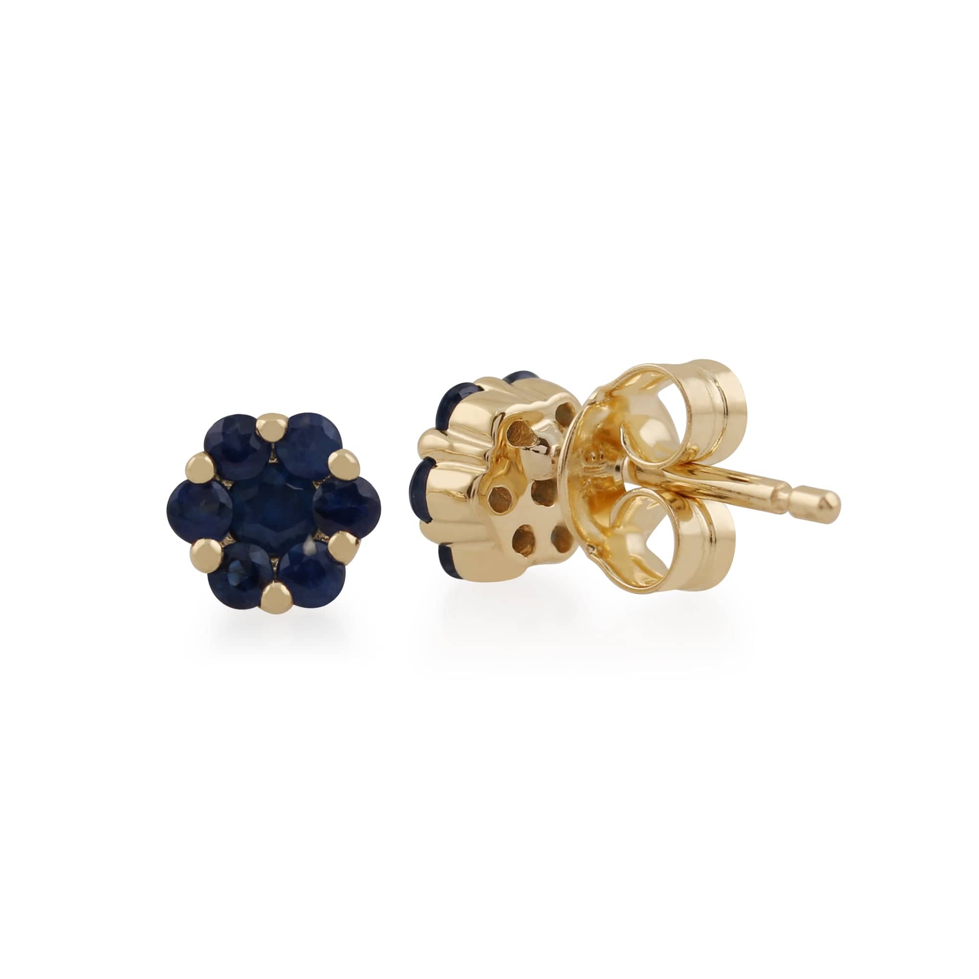 145E0114139 Floral Round Sapphire Cluster Stud Earrings in 9ct Yellow Gold 2
