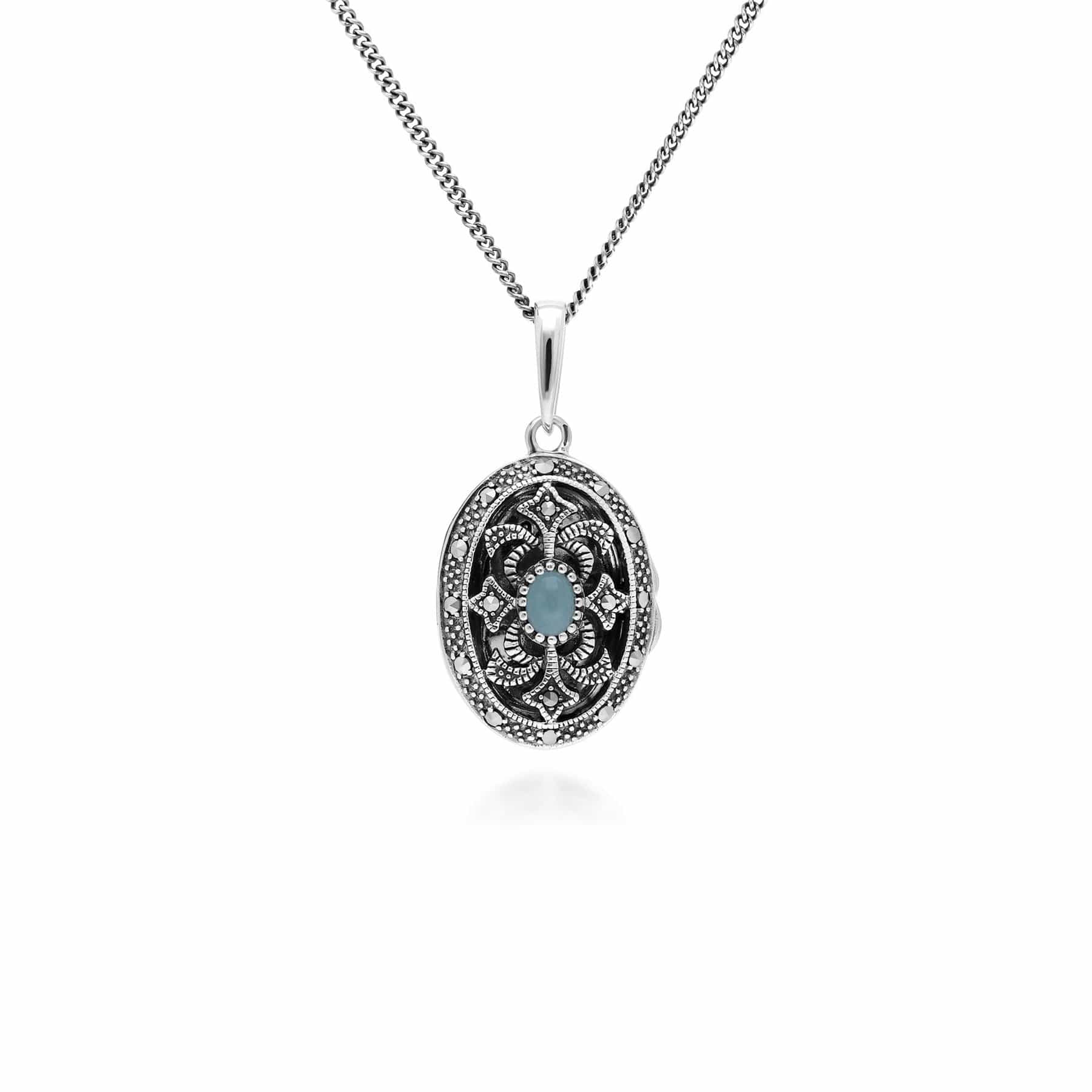 Art Nouveau Style Oval Dyed Green Jade & Marcasite Locket Necklace in 925 Sterling Silver - Gemondo