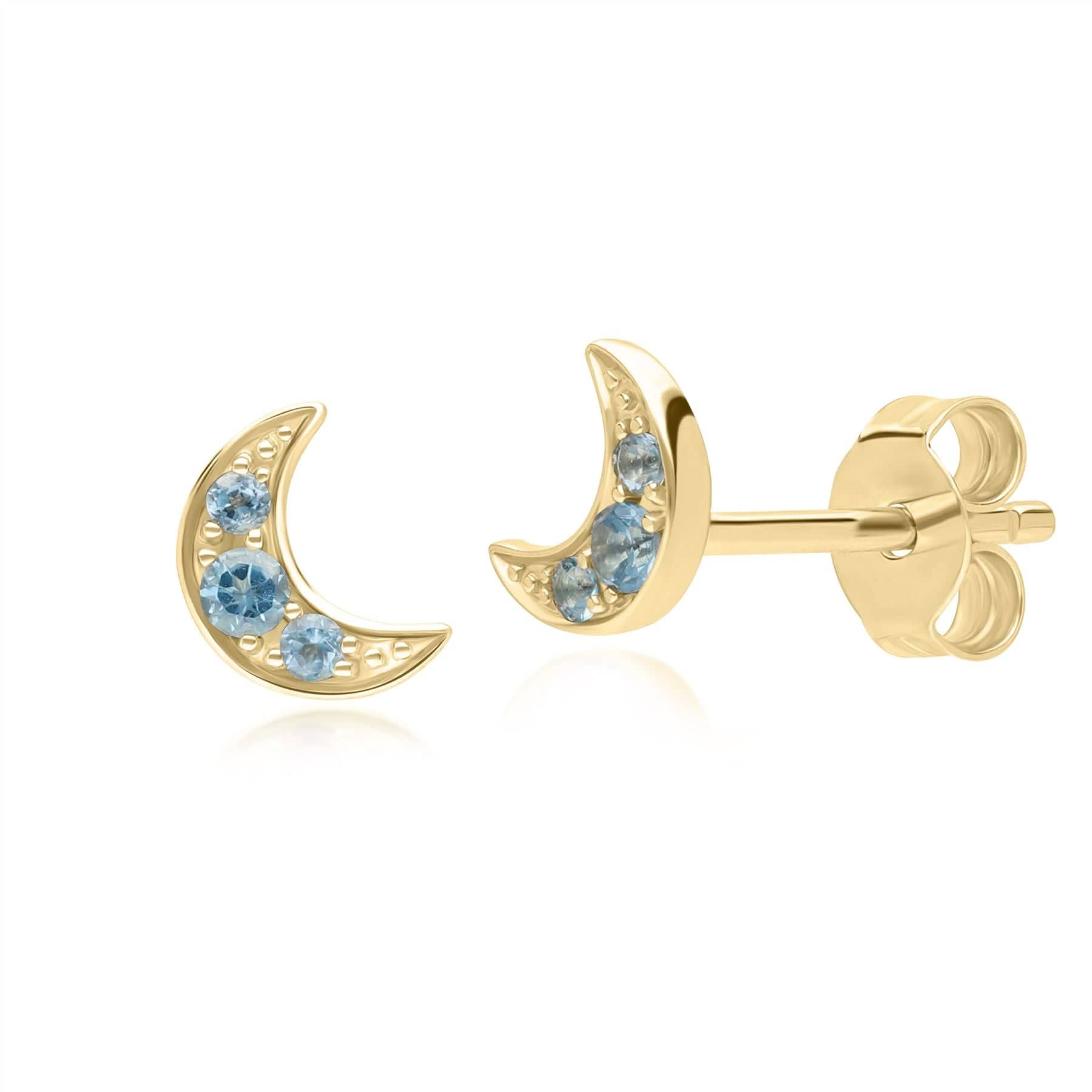 135E1819019 Night Sky London Blue Topaz Moon Stud Earrings in 9ct Yellow Gold Front