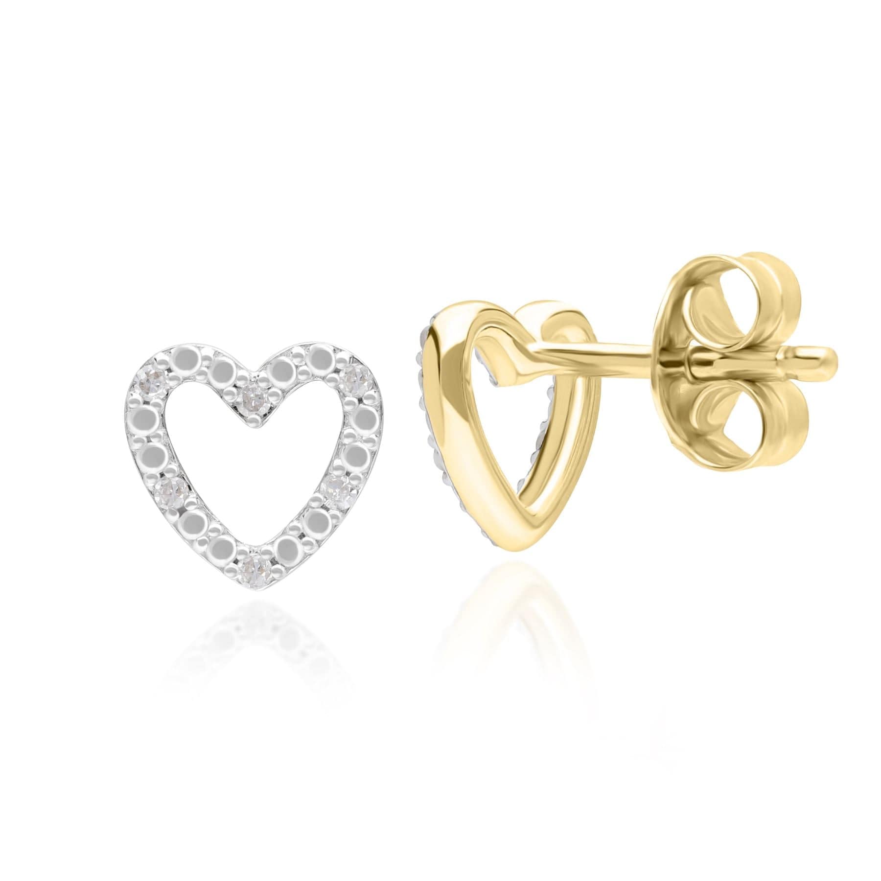 Diamond Love Heart Stud Earrings in 9ct Yellow Gold - Gemondo