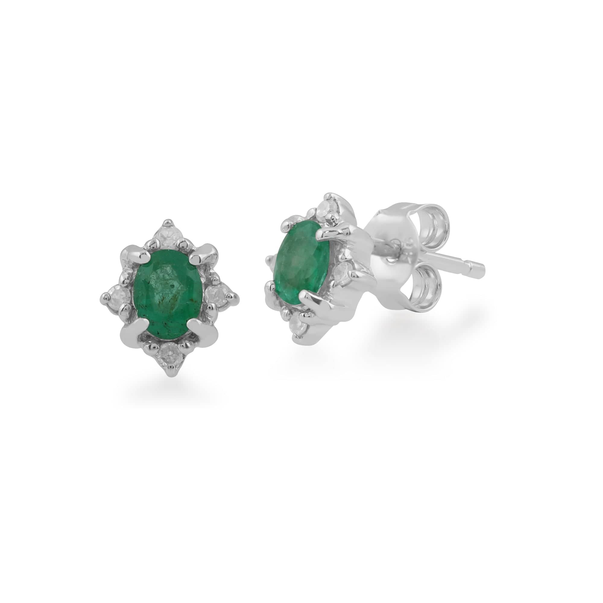 Classic Oval Emerald & Diamond Cluster Stud Earrings in 9ct White Gold - Gemondo