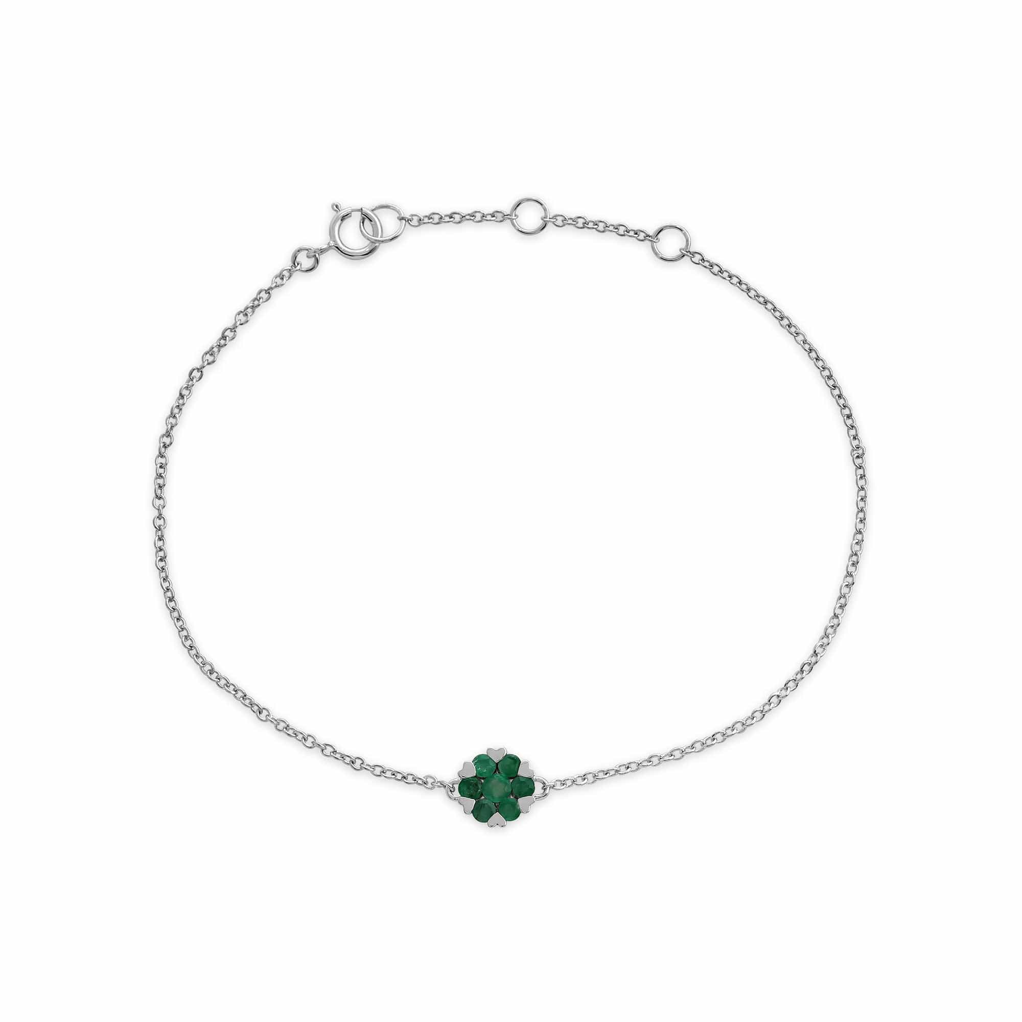 Floral Round Emerald Heart Claw Set Cluster Bracelet in 9ct White Gold - Gemondo