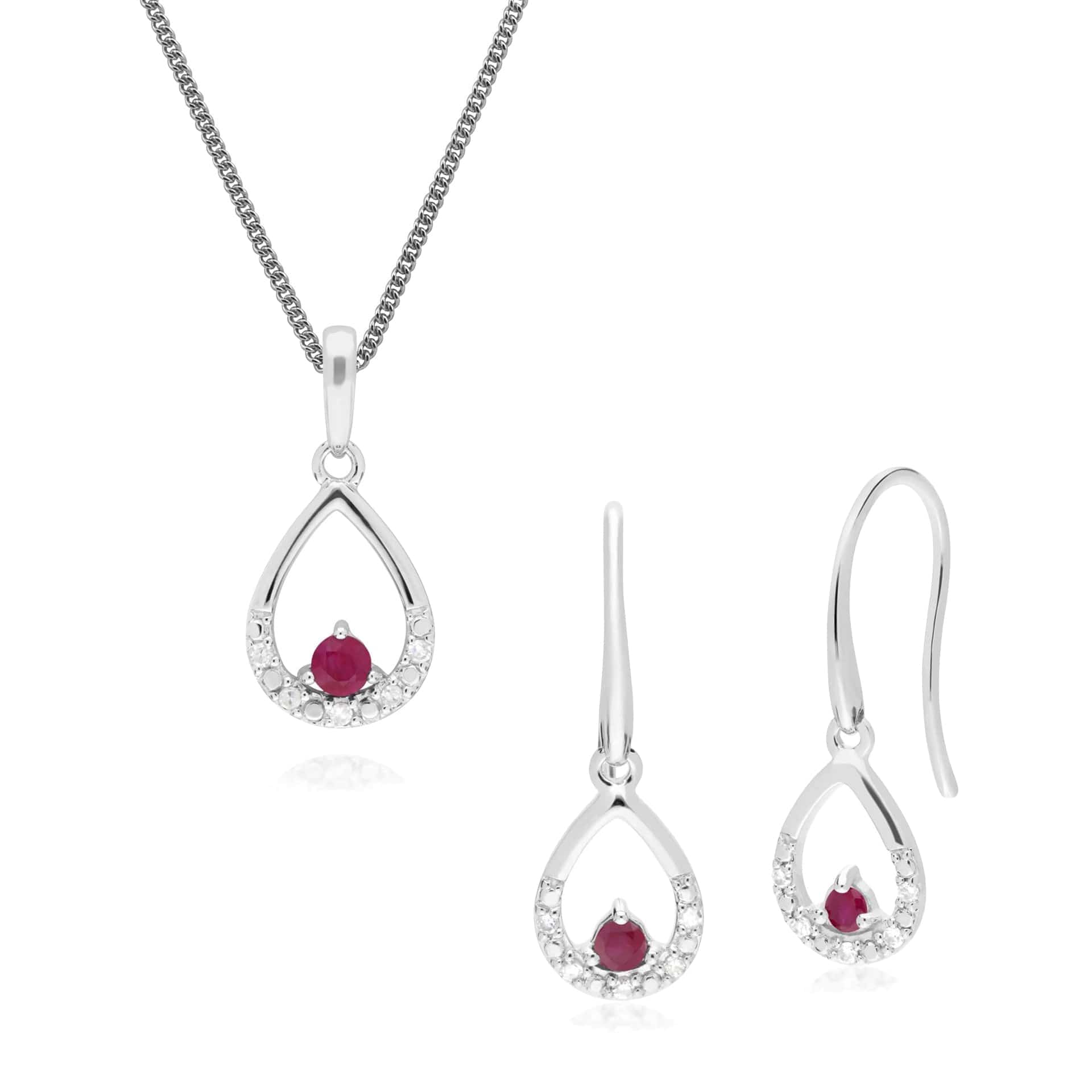 162E0259019-162P0220019 Classic Round Ruby & Diamond Tear Drop Earrings & Pendant Set in 9ct White Gold 1
