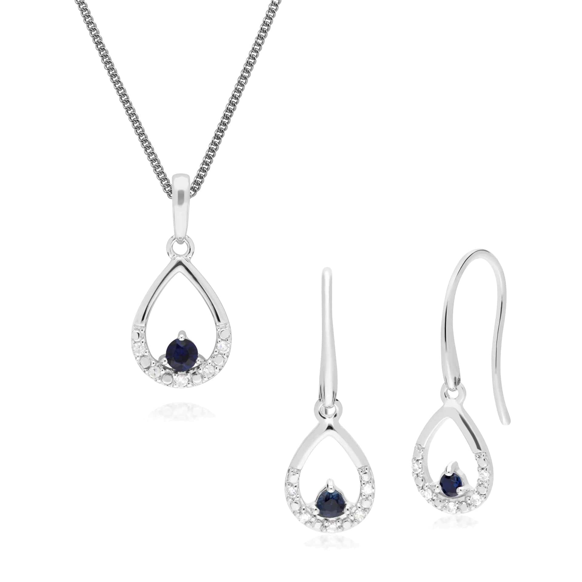 162E0259029-162P0220029 Classic Round Sapphire & Diamond Tear Drop Earrings & Pendant Set in 9ct White Gold 1