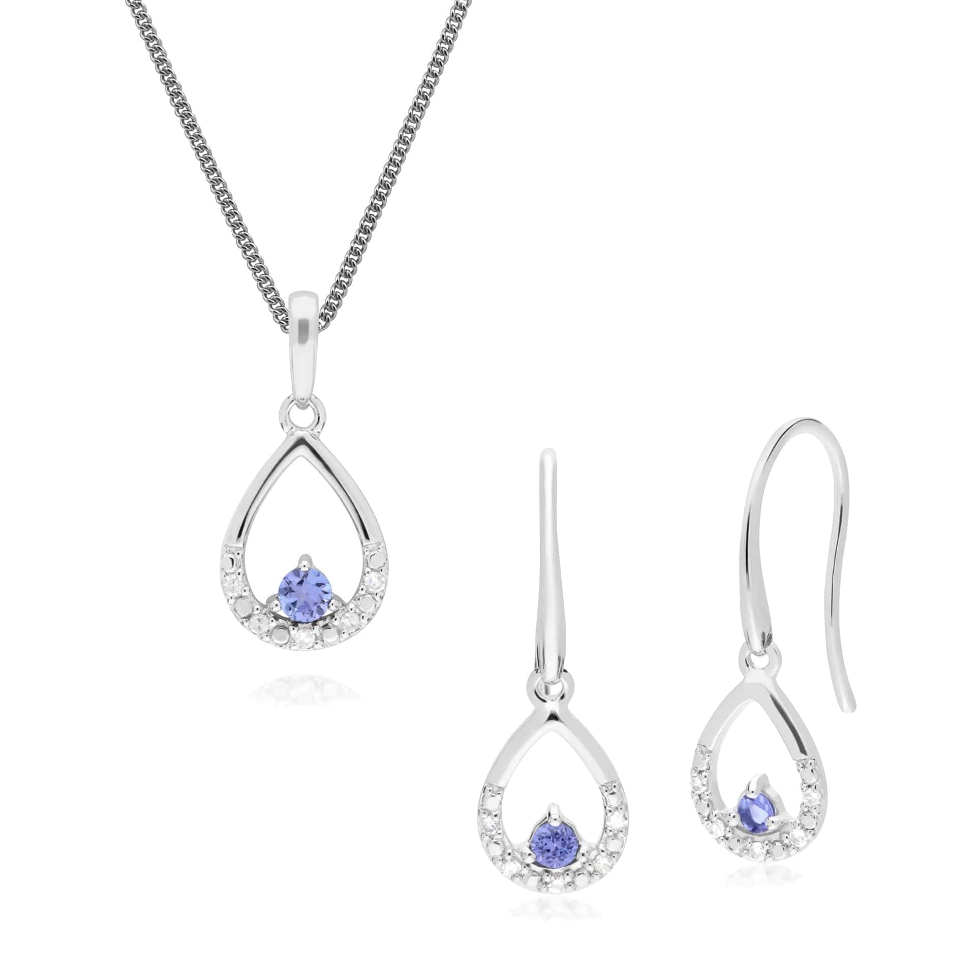 162E0259099-162P0220099 Classic Round Tanzanite & Diamond Tear Drop Earrings & Pendant Set in 9ct White Gold 1