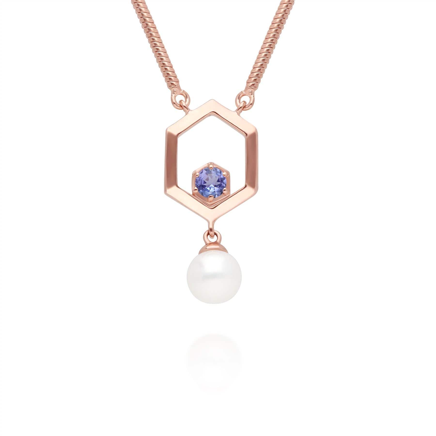 270N035609925 Modern Pearl & Tanzanite Hexagon Drop Necklace in Rose Gold Plated Silver 1