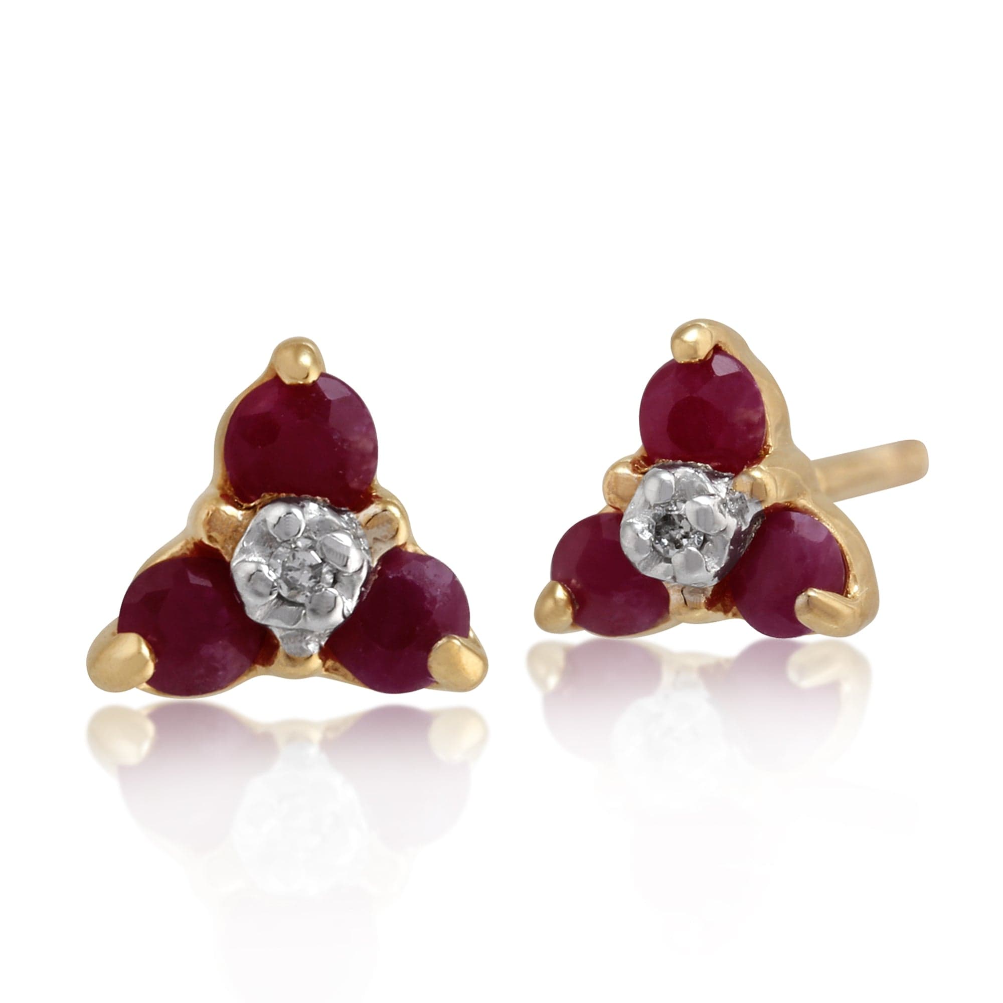 Floral Round Ruby & Diamond Cluster Stud Earrings in 9ct Yellow Gold