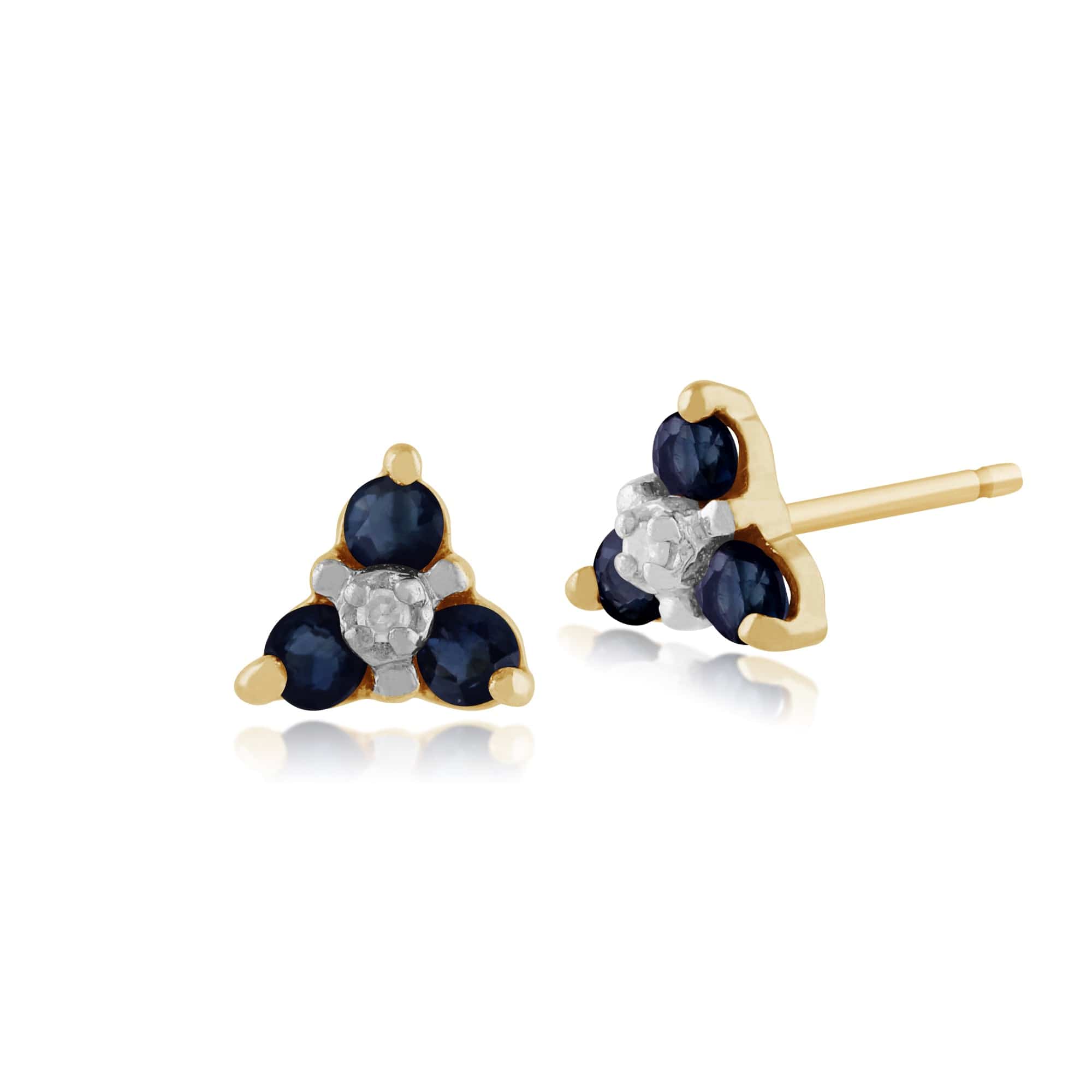 Floral Round Sapphire & Diamond Cluster Stud Earrings in 9ct Yellow Gold - Gemondo