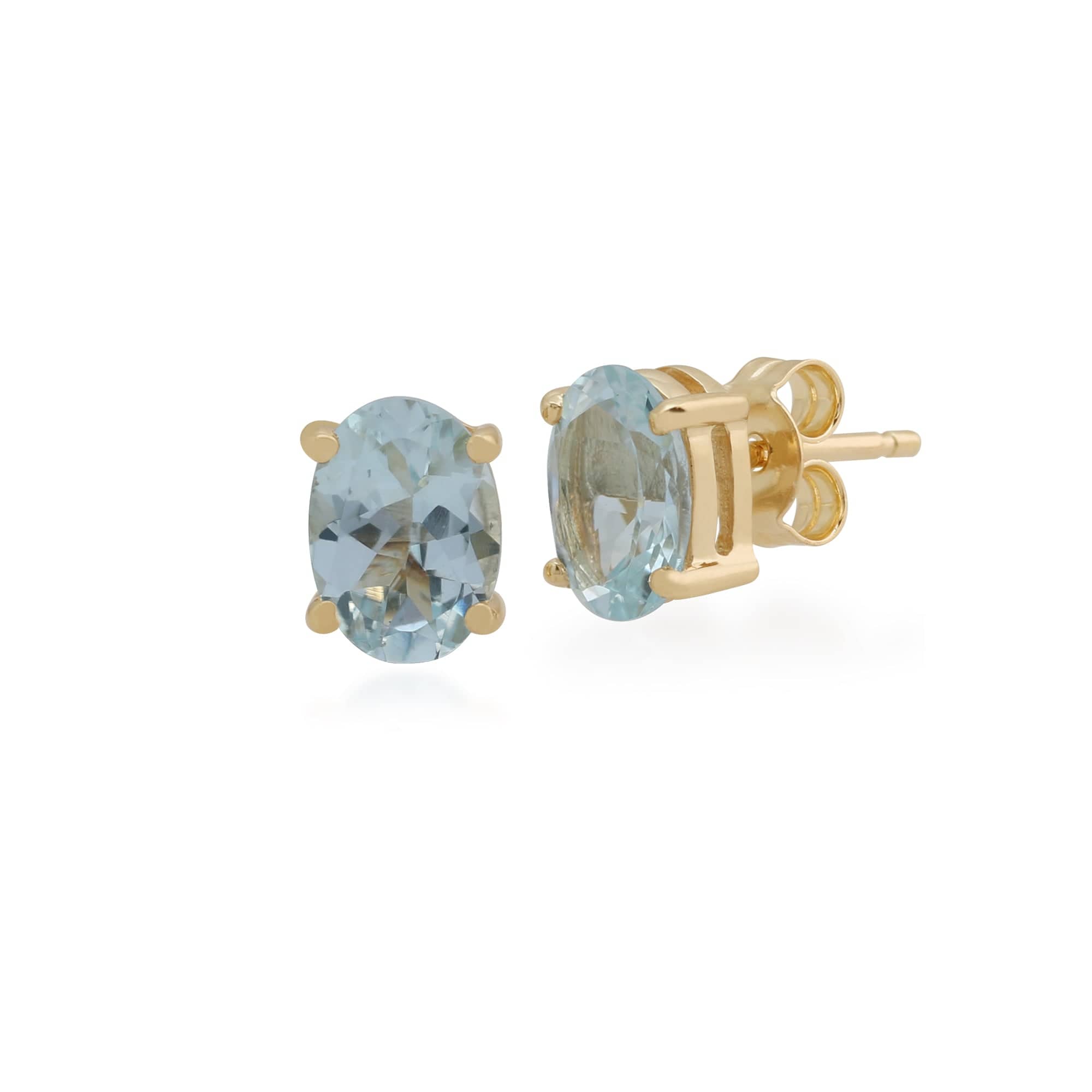 Classic Oval Aquamarine Claw Set Stud Earrings in 9ct Yellow Gold - Gemondo