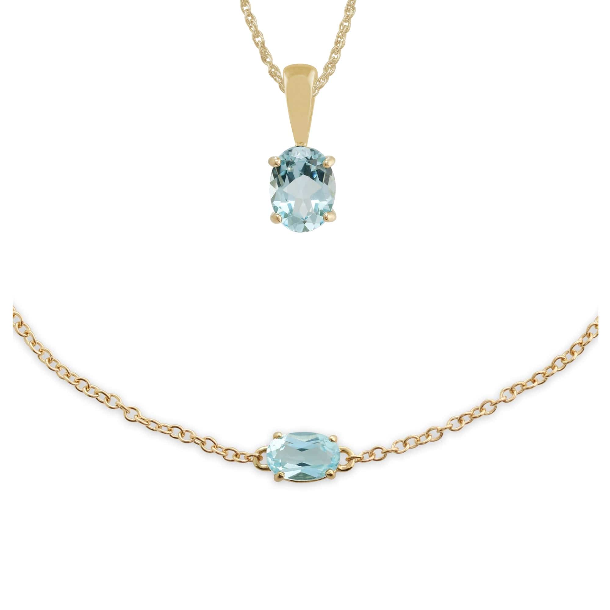 10720-135L0220059 Classic Oval Blue Topaz Single Stone Pendant & Bracelet Set in 9ct Yellow Gold 1