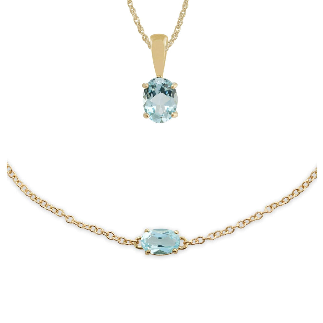 10720-135L0220059 Classic Oval Blue Topaz Single Stone Pendant & Bracelet Set in 9ct Yellow Gold 1