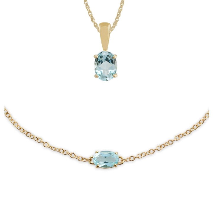10720-135L0220059 Classic Oval Blue Topaz Single Stone Pendant & Bracelet Set in 9ct Yellow Gold 1