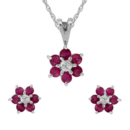 26934-181P0625059 Floral Round Ruby & Diamond Flower Cluster Stud Earrings & Pendant Set in 9ct White Gold 1