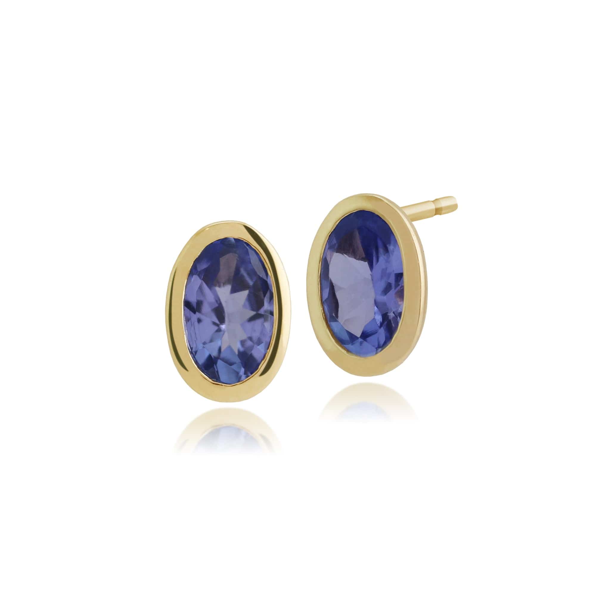 Classic Oval Tanzanite Bezel Stud  Earrings in 9ct Yellow Gold - Gemondo