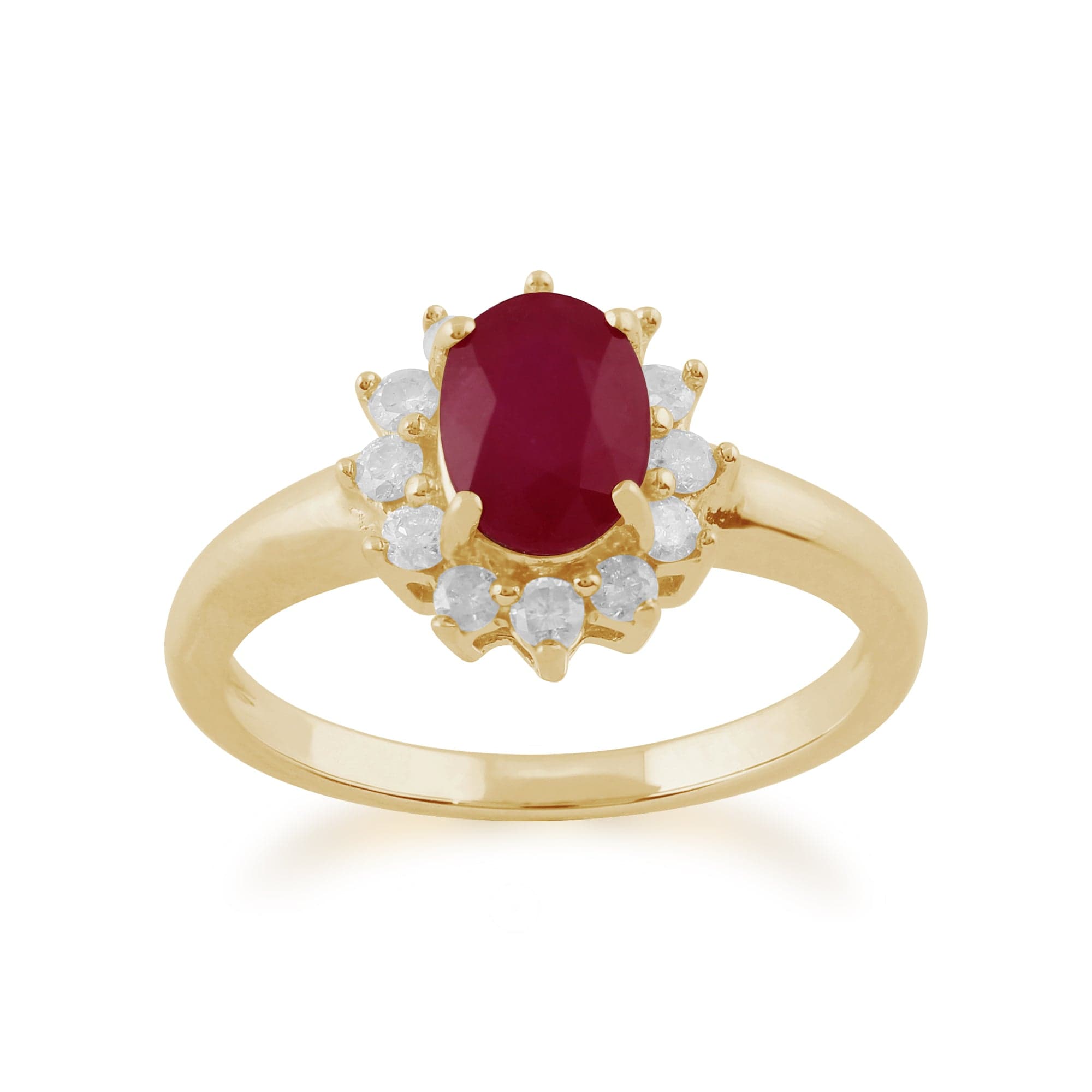 Classic Oval Ruby & Diamond Cluster Ring in 9ct Yellow Gold - Gemondo