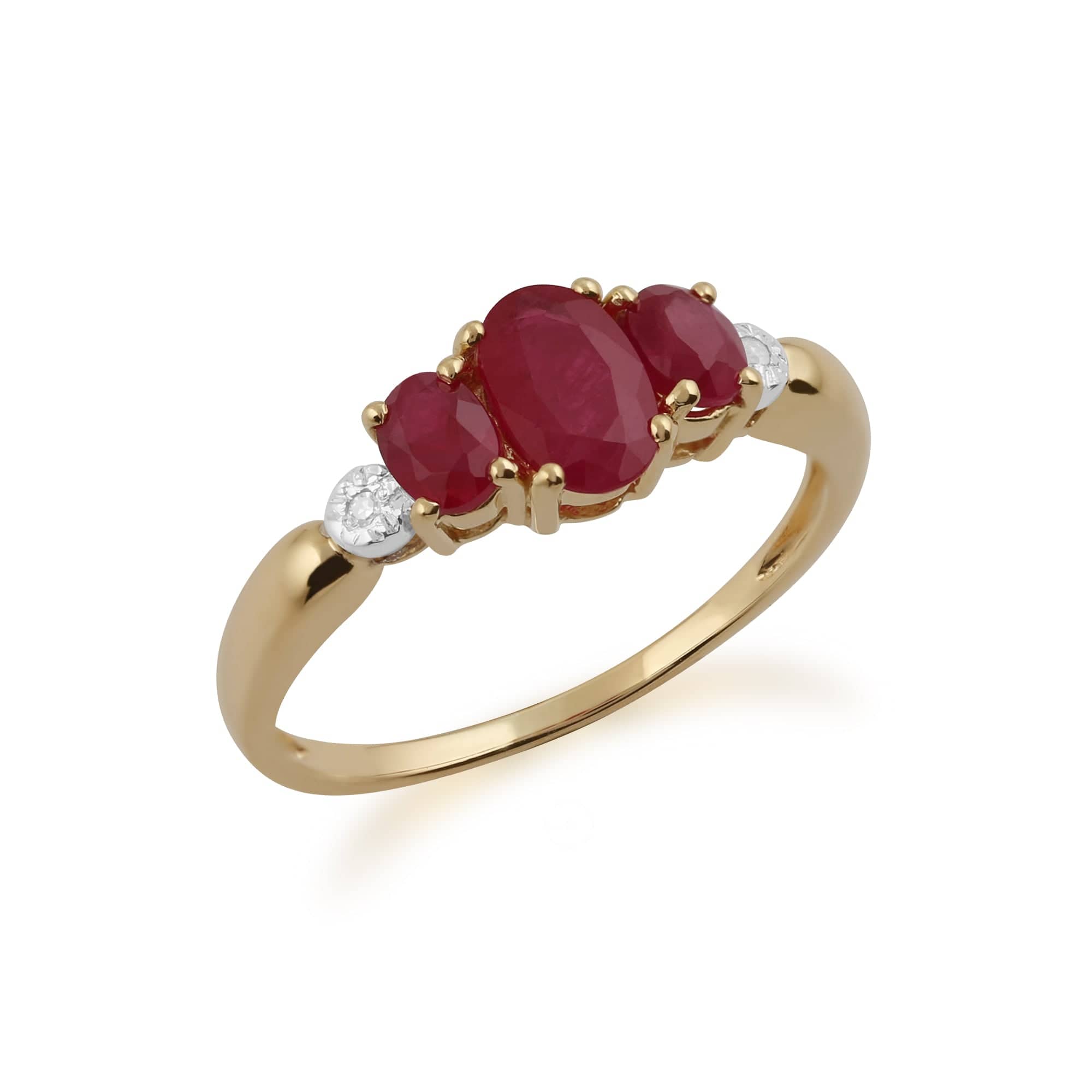 183R3412109 Classic Oval Ruby & Diamond Trilogy Ring in 9ct Yellow Gold 2