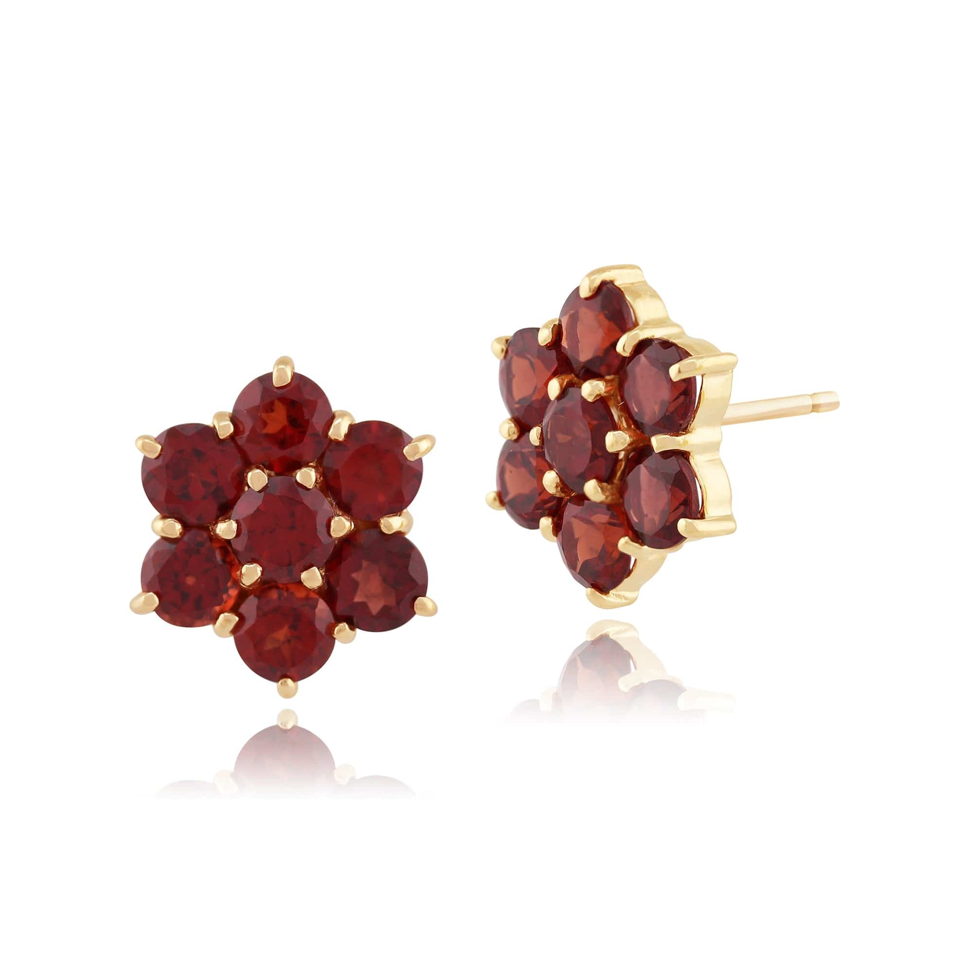 Floral Round Garnet Cluster Stud Earrings in 9ct Yellow Gold - Gemondo