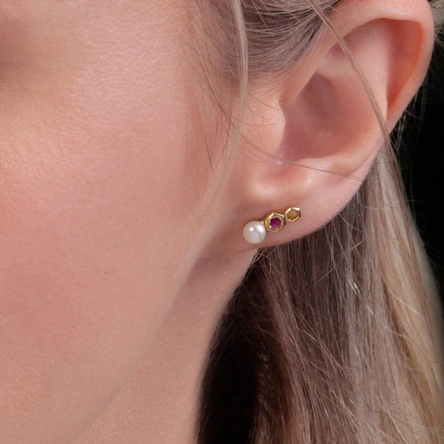 135E1632029 Modern Pearl & Ruby Ear Climber Studs in 9ct Gold 2