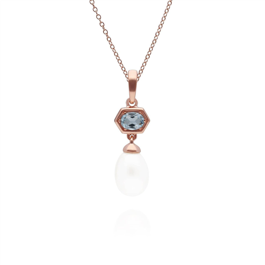 270P030405925 Modern Pearl & Blue Topaz Hexagon Drop Pendant in Rose Gold Plated Silver 1