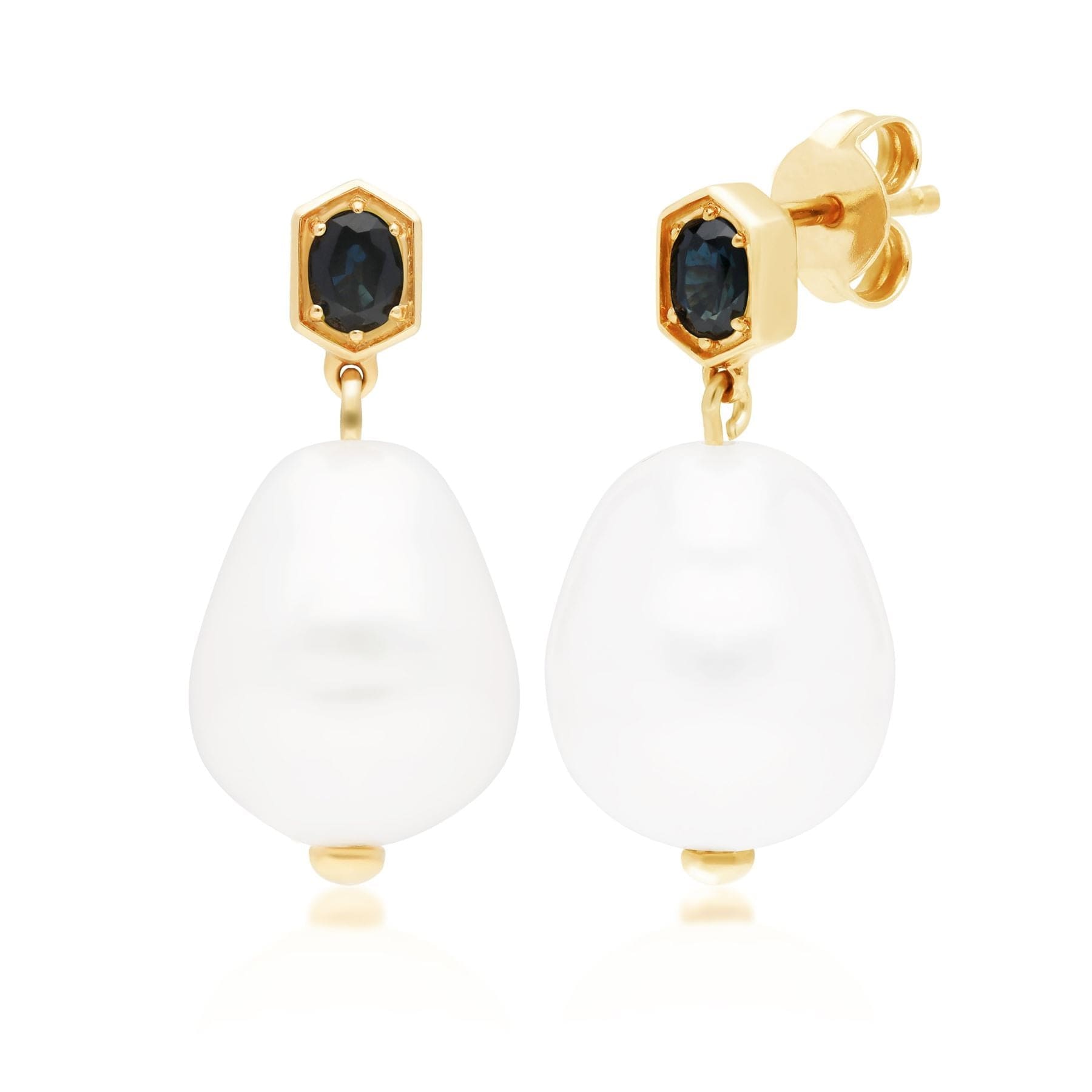 270E028202925 Modern Baroque Pearl & Sapphire Drop Earrings in Gold Plated Silver 1