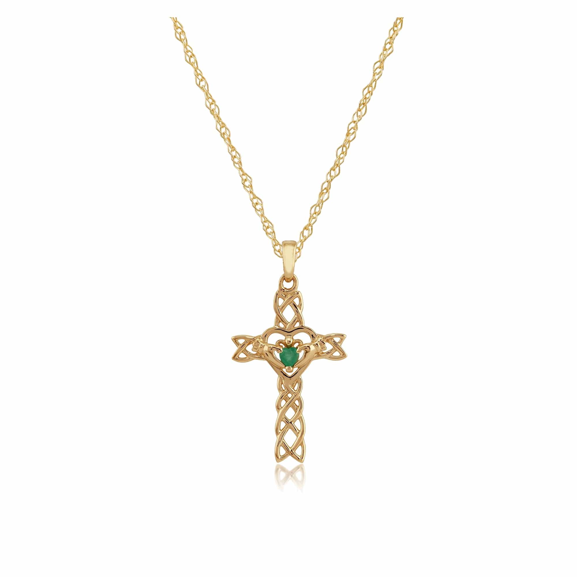 Classic Heart Emerald Claddagh Cross Pendant in 9ct Yellow Gold - Gemondo