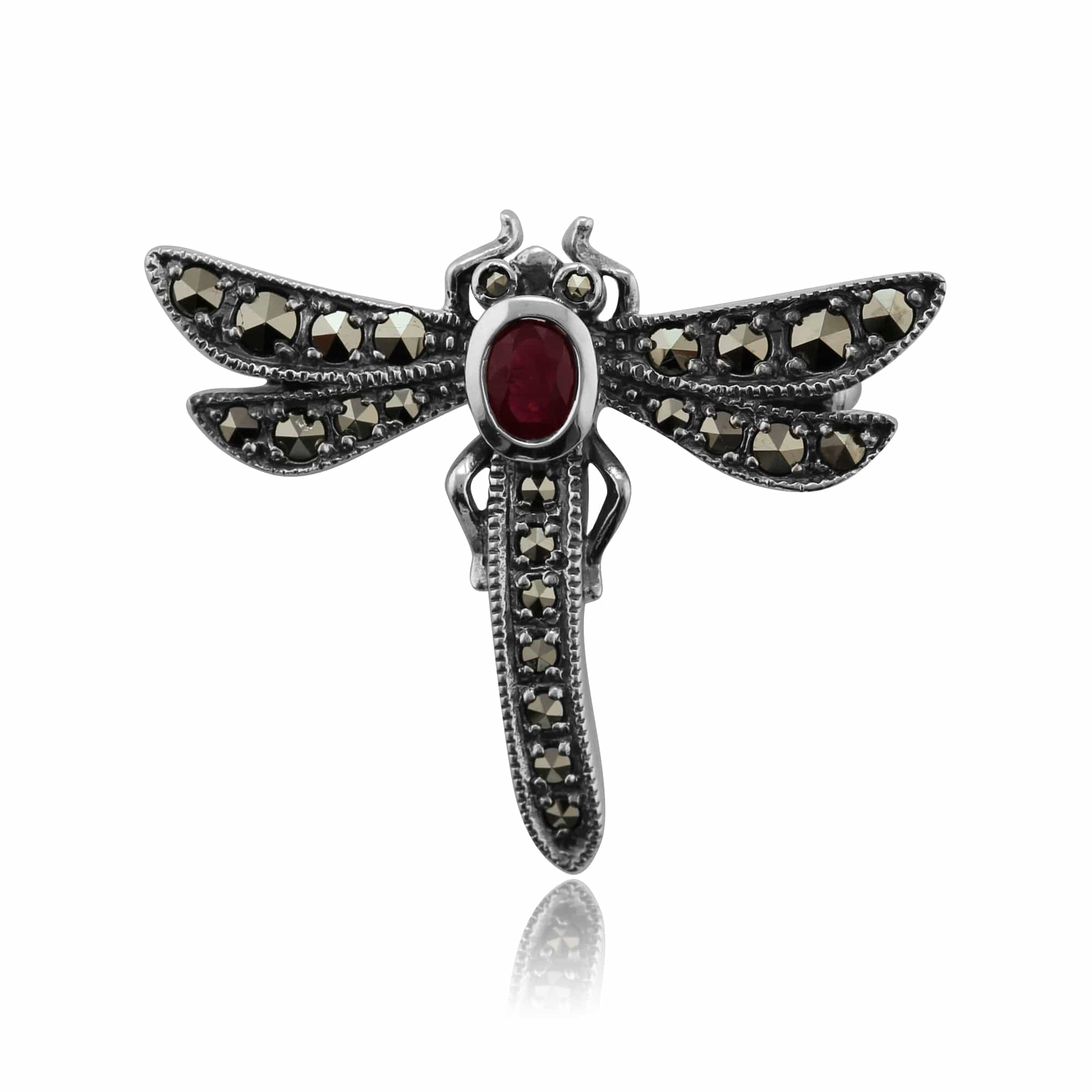 Art Nouveau Style Marcasite Dragonfly Brooch in 925 Sterling Silver - Gemondo