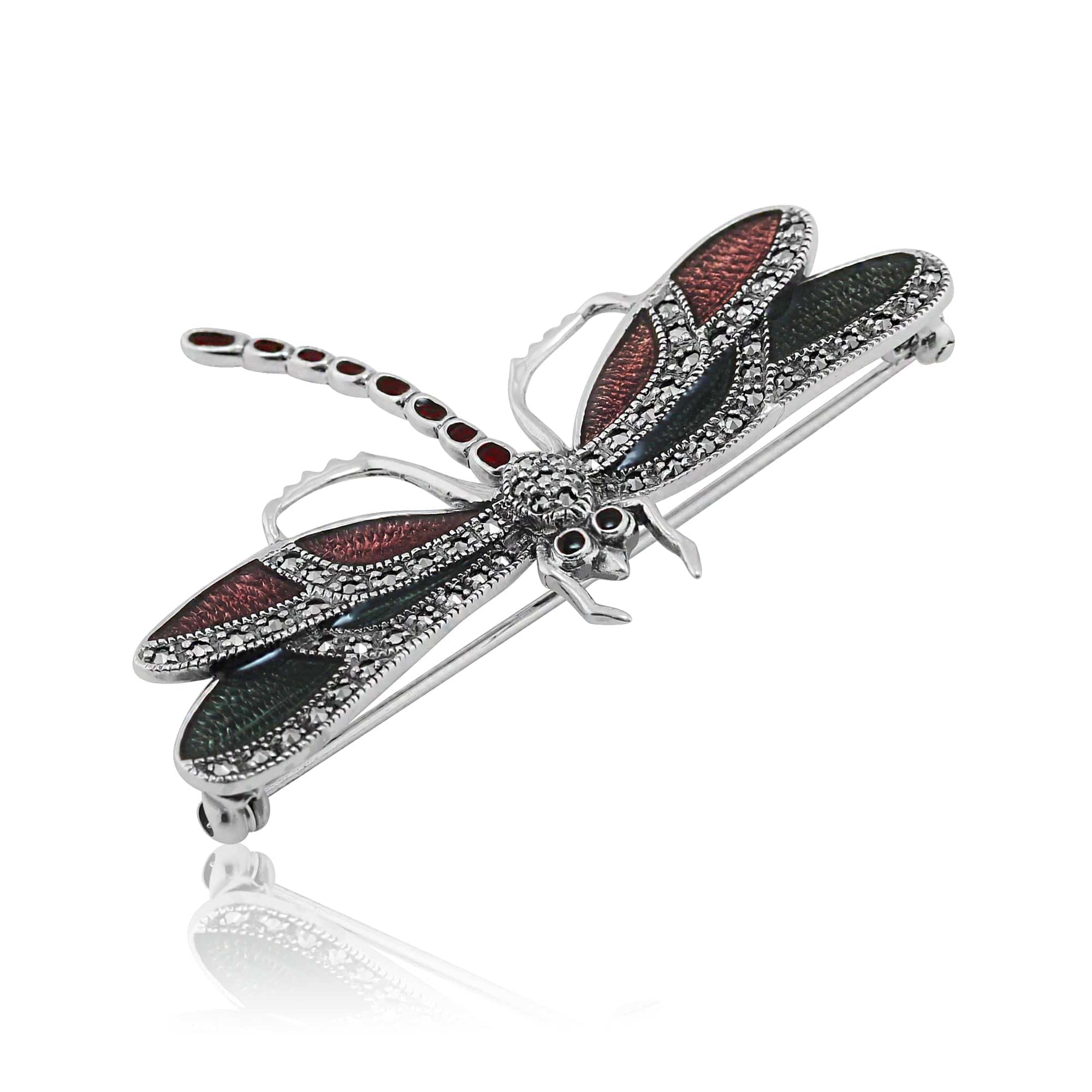 27069 Art Nouveau Style Round Marcasite & Enamel Dragonfly Brooch in 925 Sterling Silver 2
