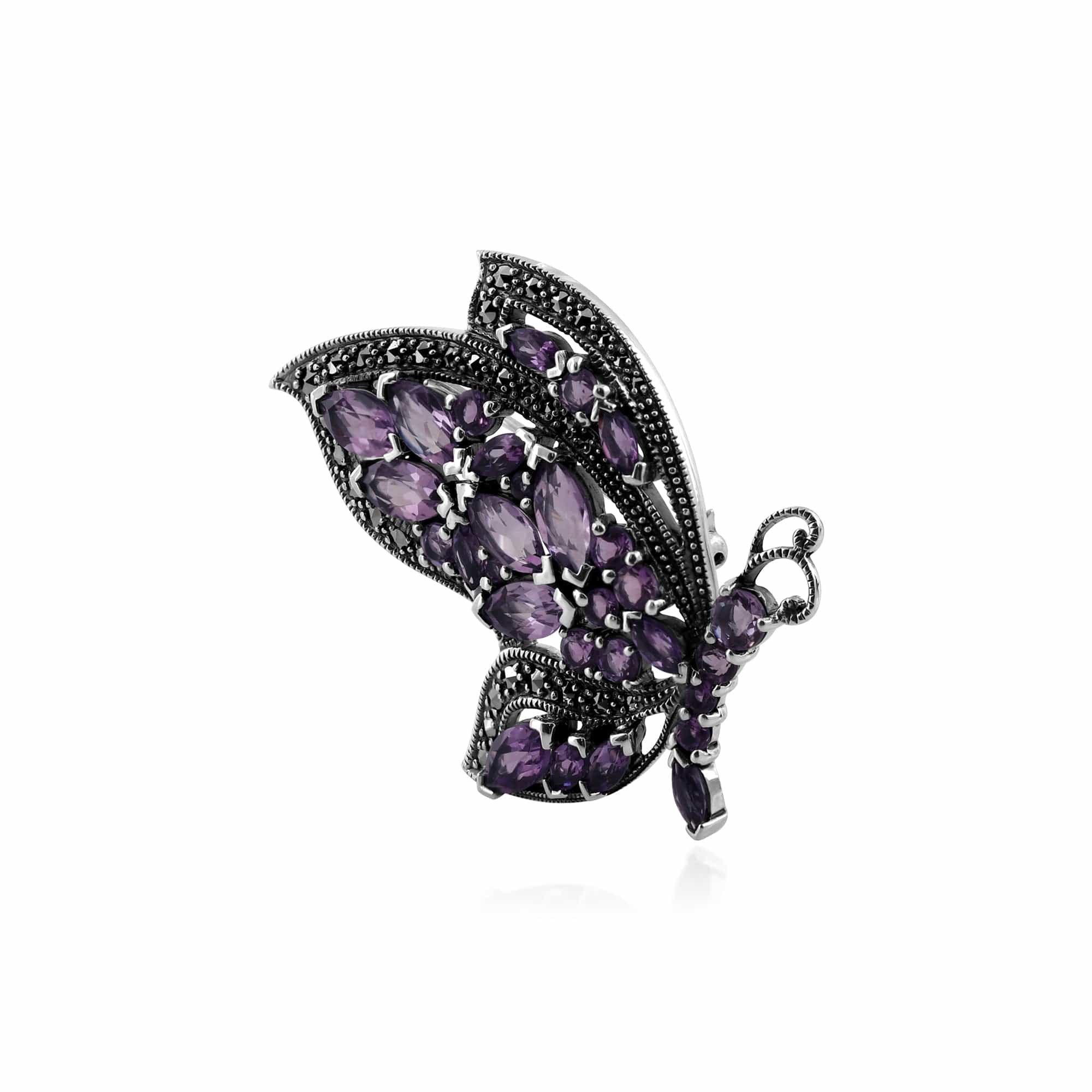 27414 Art Nouveau Style Marquise Amethyst & Marcasite Flying Butterfly Brooch in 925 Sterling Silver 2