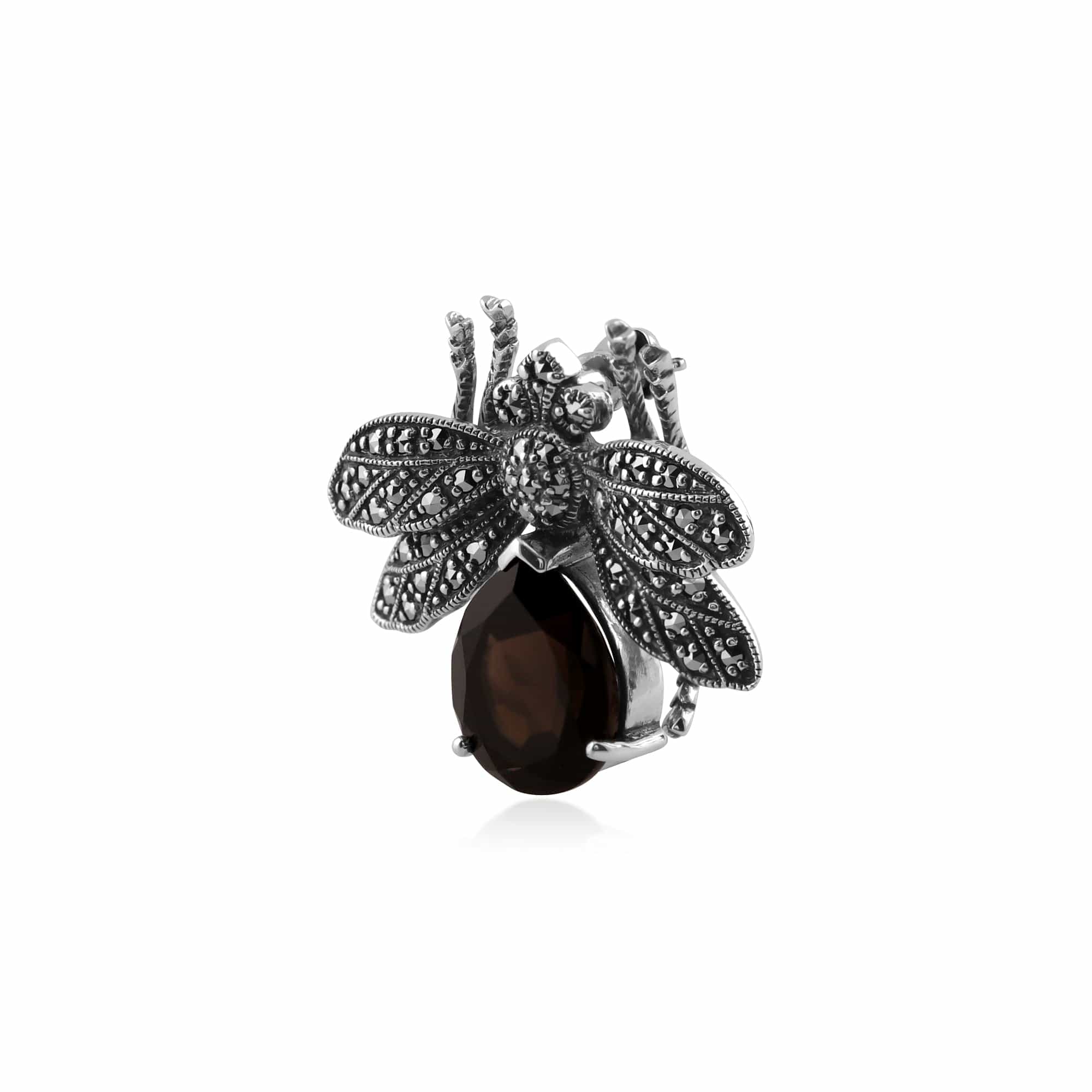 Marcasite & Smokey Quartz Bumble Bee Brooch in 925 Sterling Silver - Gemondo