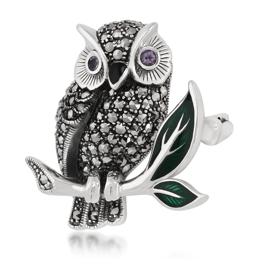 22314 Art Nouveau Style Marcasite, Amethyst & Enamel Owl Brooch in  Sterling Silver 2