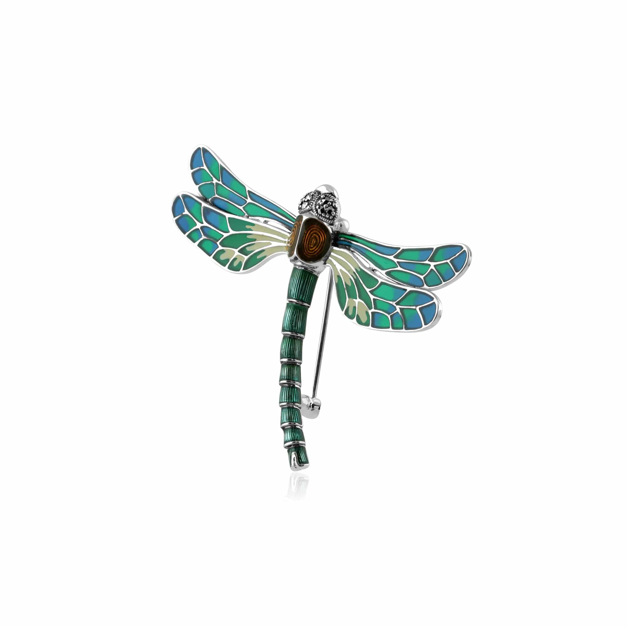 15742 Art Nouveau Style Marcasite & Enamel Dragonfly Brooch in Sterling Silver 2