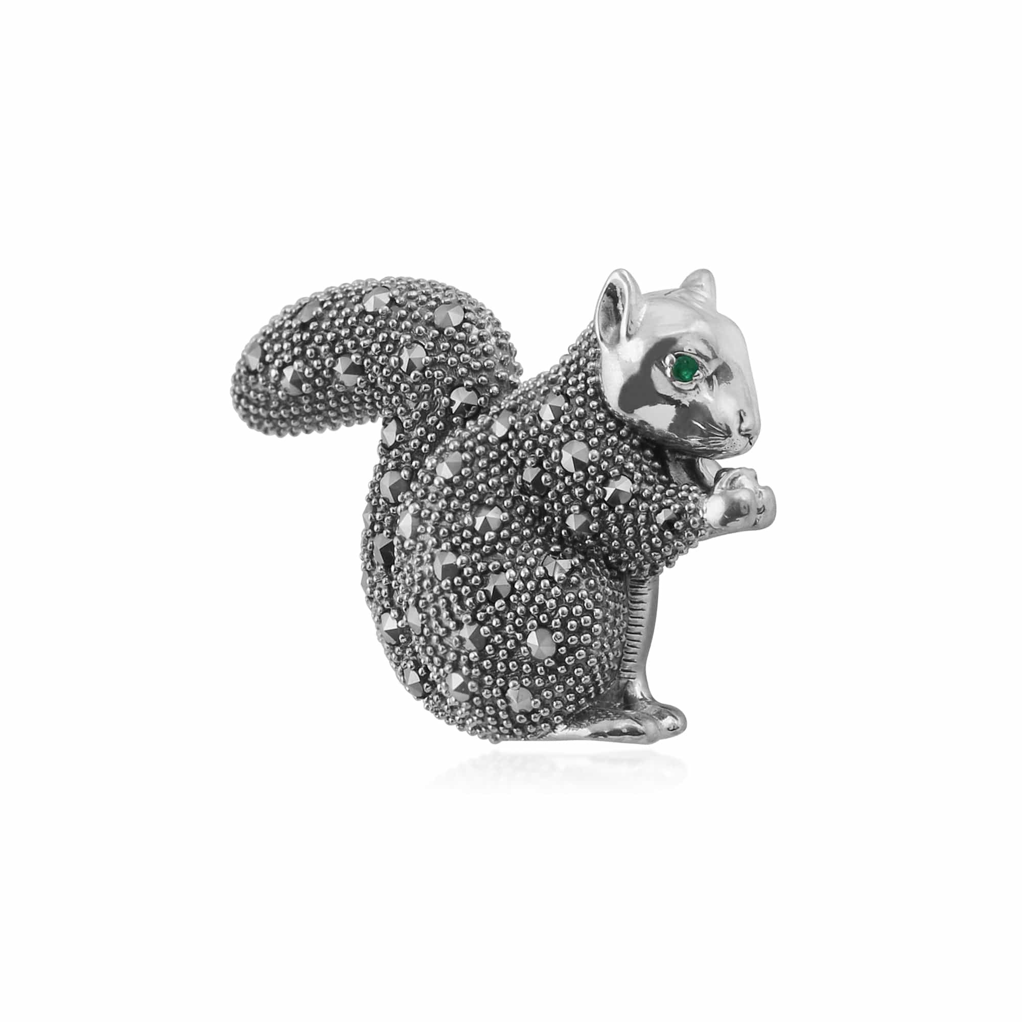 Marcasite & Emerald Squirrel Brooch in 925 Sterling Silver - Gemondo