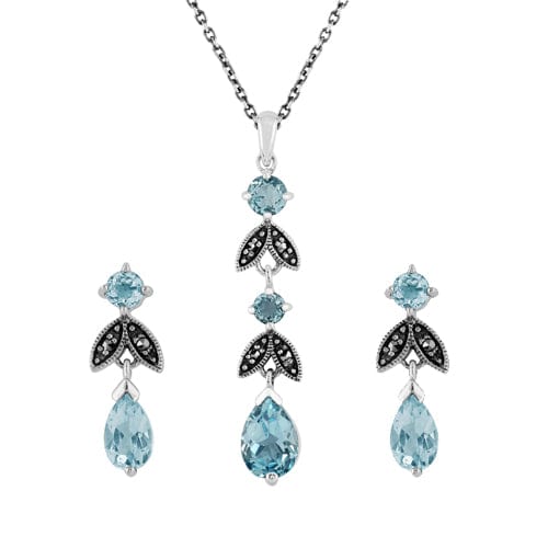 214E530301925-214N364801925 Art Nouveau Style Style Pear Blue Topaz & Marcasite Leaf Drop Earrings & Pendant Set in 925 Sterling Silver 1