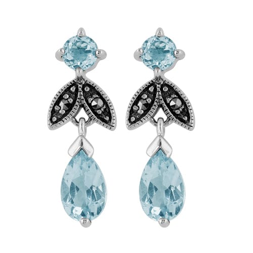 Art Nouveau Blue Topaz & Marcasite Drop Earrings & Pendant Set Image 2