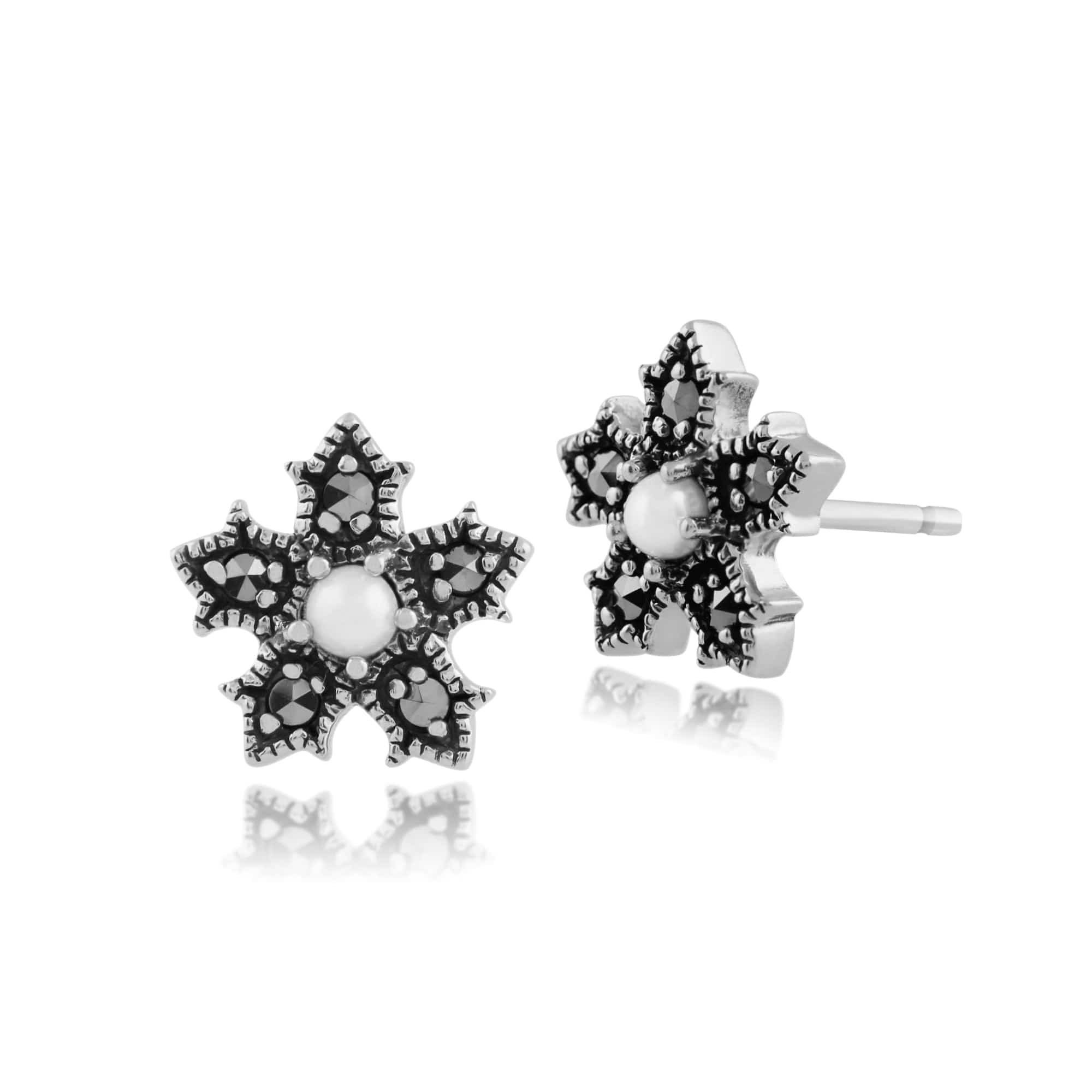 Floral Round Freshwater Pearl & Marcasite Stud Earrings in 925 Sterling Silver - Gemondo